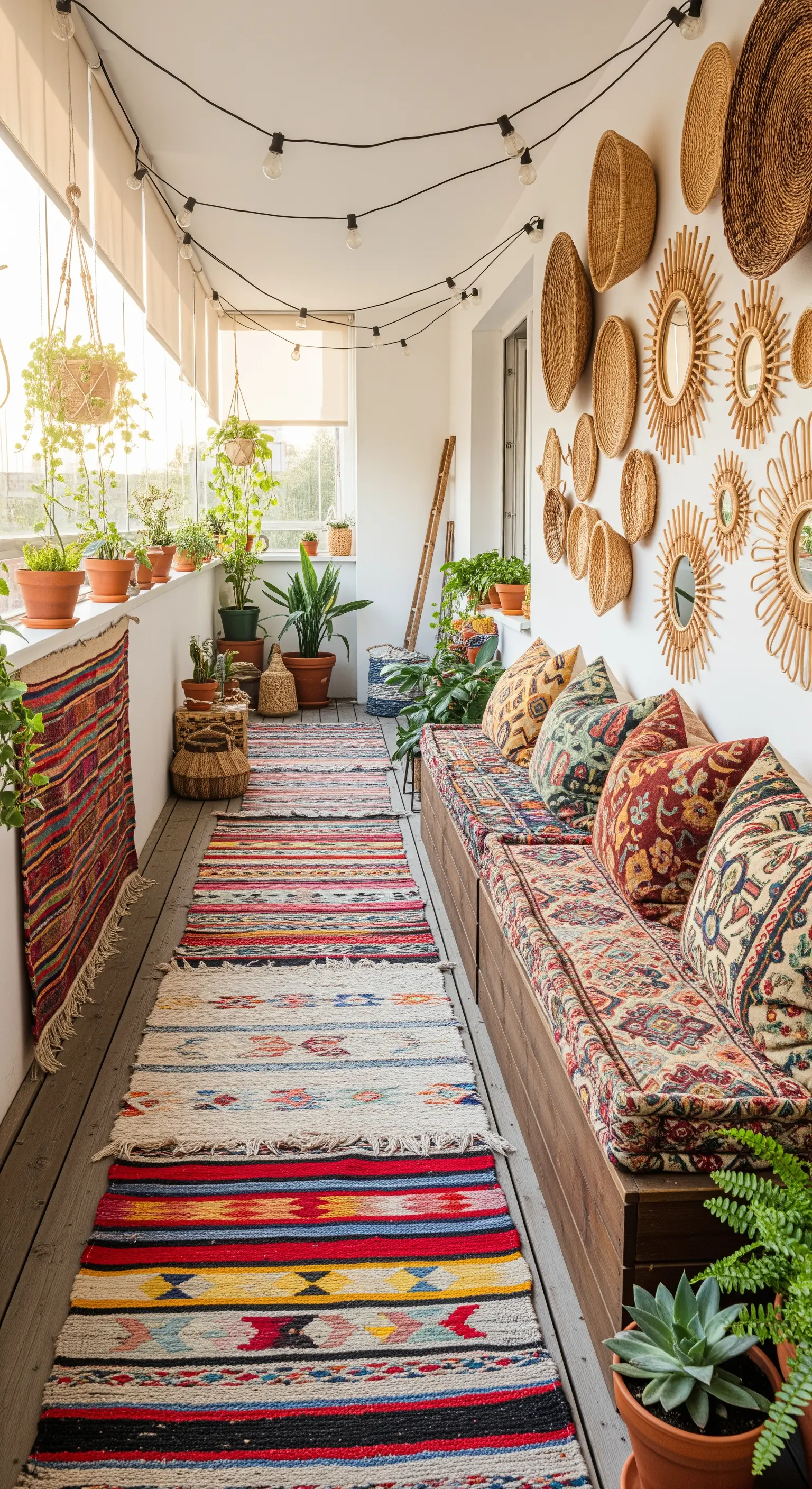 Balcone lungo e stretto con una panca, tappeti runner e una parete decorata con specchi e cesti.