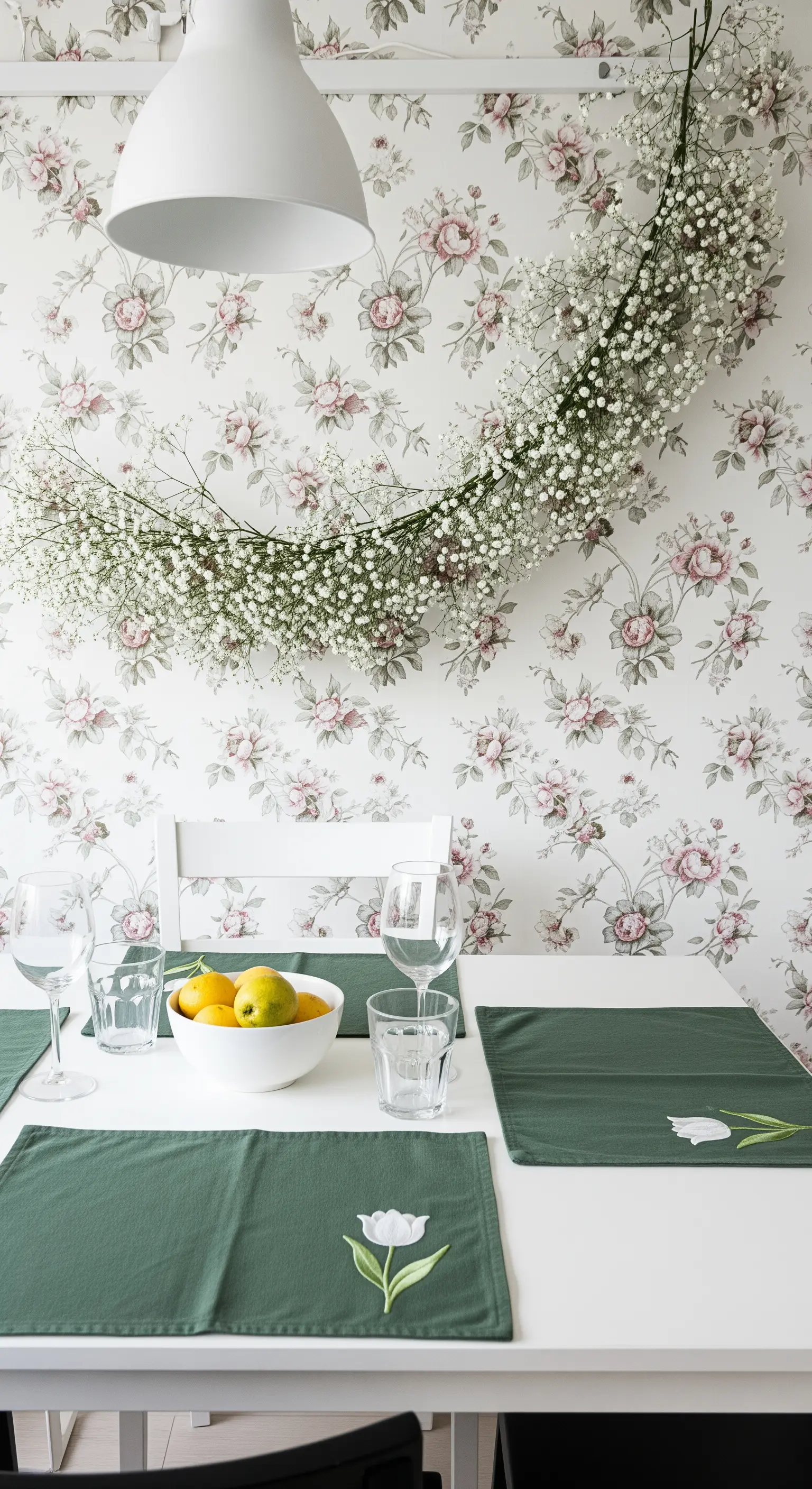 Mezzaluna di gypsophila appesa a una parete con carta da parati floreale, sopra un tavolo da pranzo.