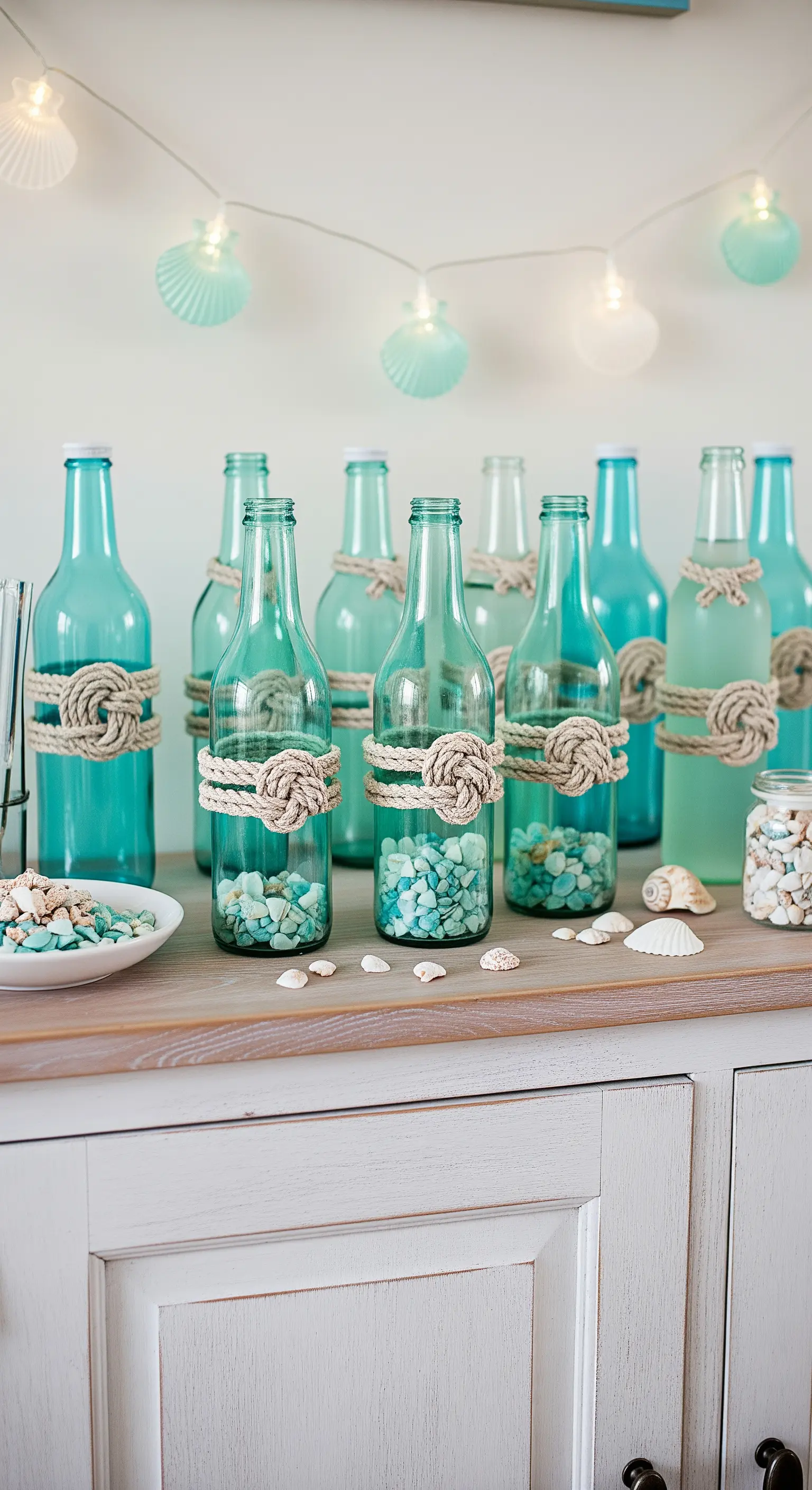 Bottiglie di vetro azzurro decorate con nodi marinari in corda e riempite di sassolini.