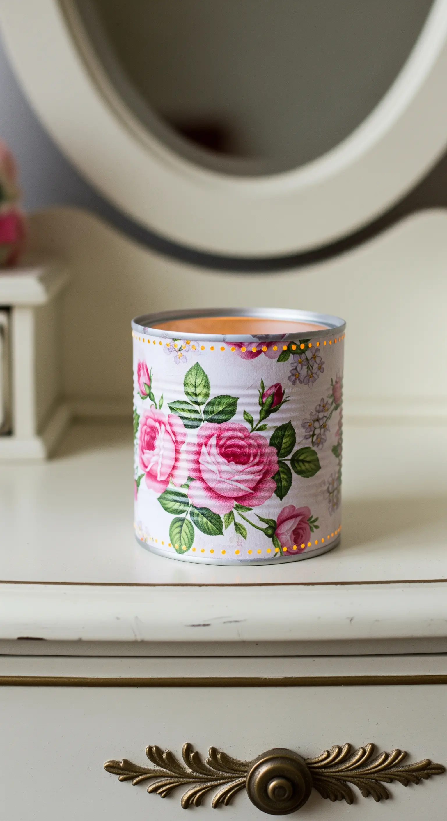 Portacandela decorato con tecnica decoupage, con un motivo di rose rosa e foglie verdi.