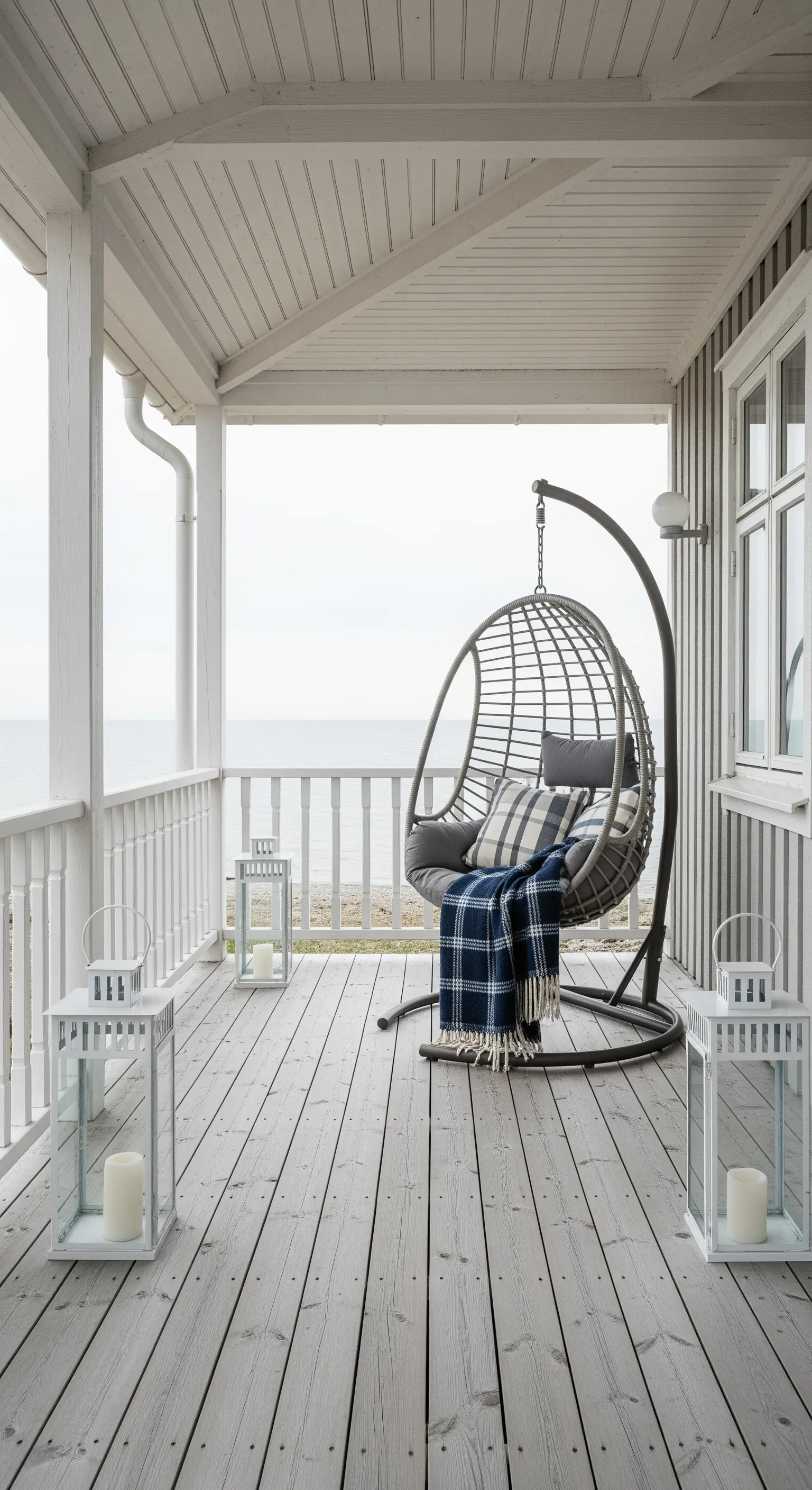 Sedia a dondolo sospesa su una veranda bianca con plaid a quadri blu e lanterne
