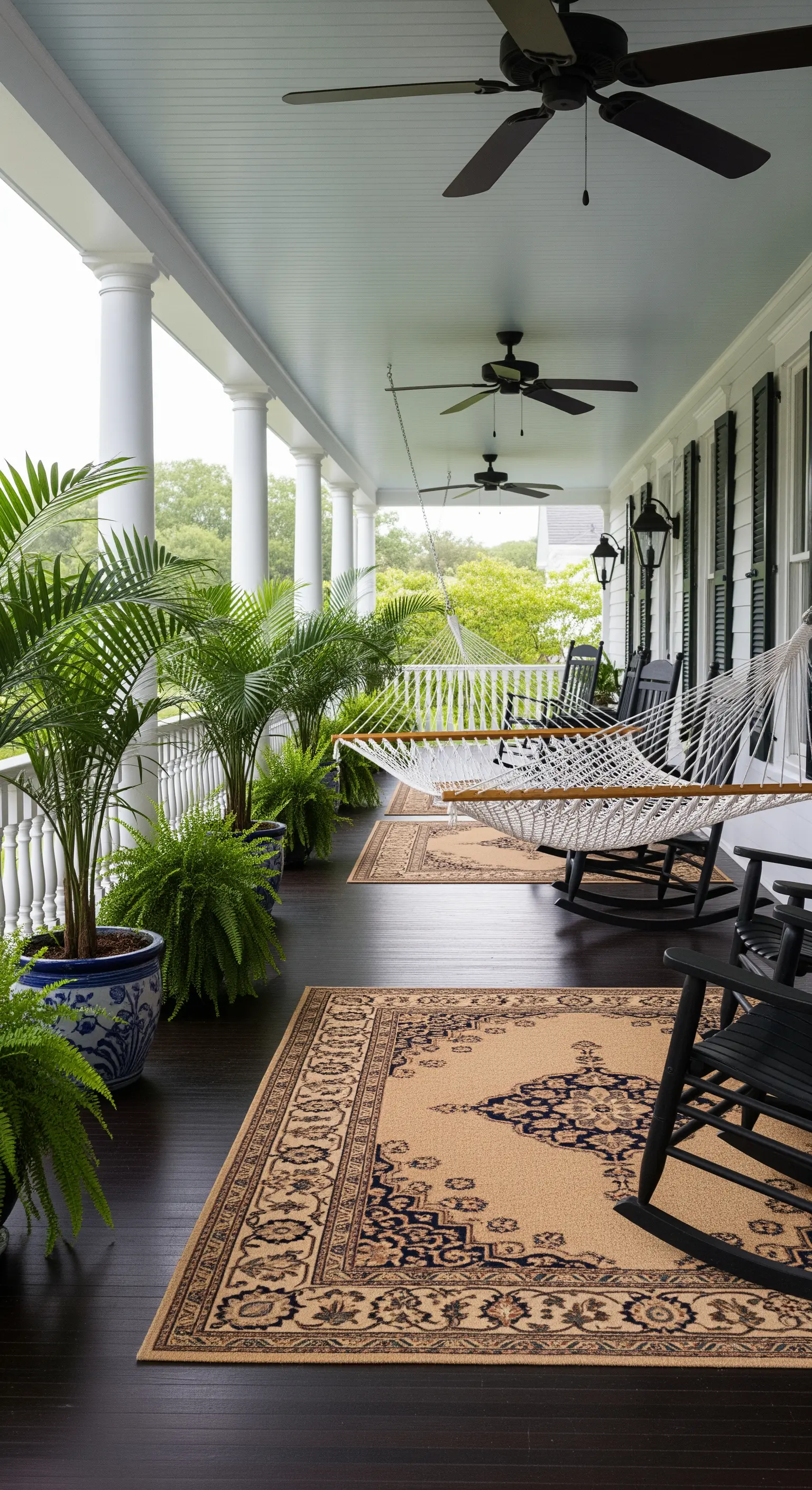 Lungo portico con sedie a dondolo, amaca in corda e tappeti con motivi classici.