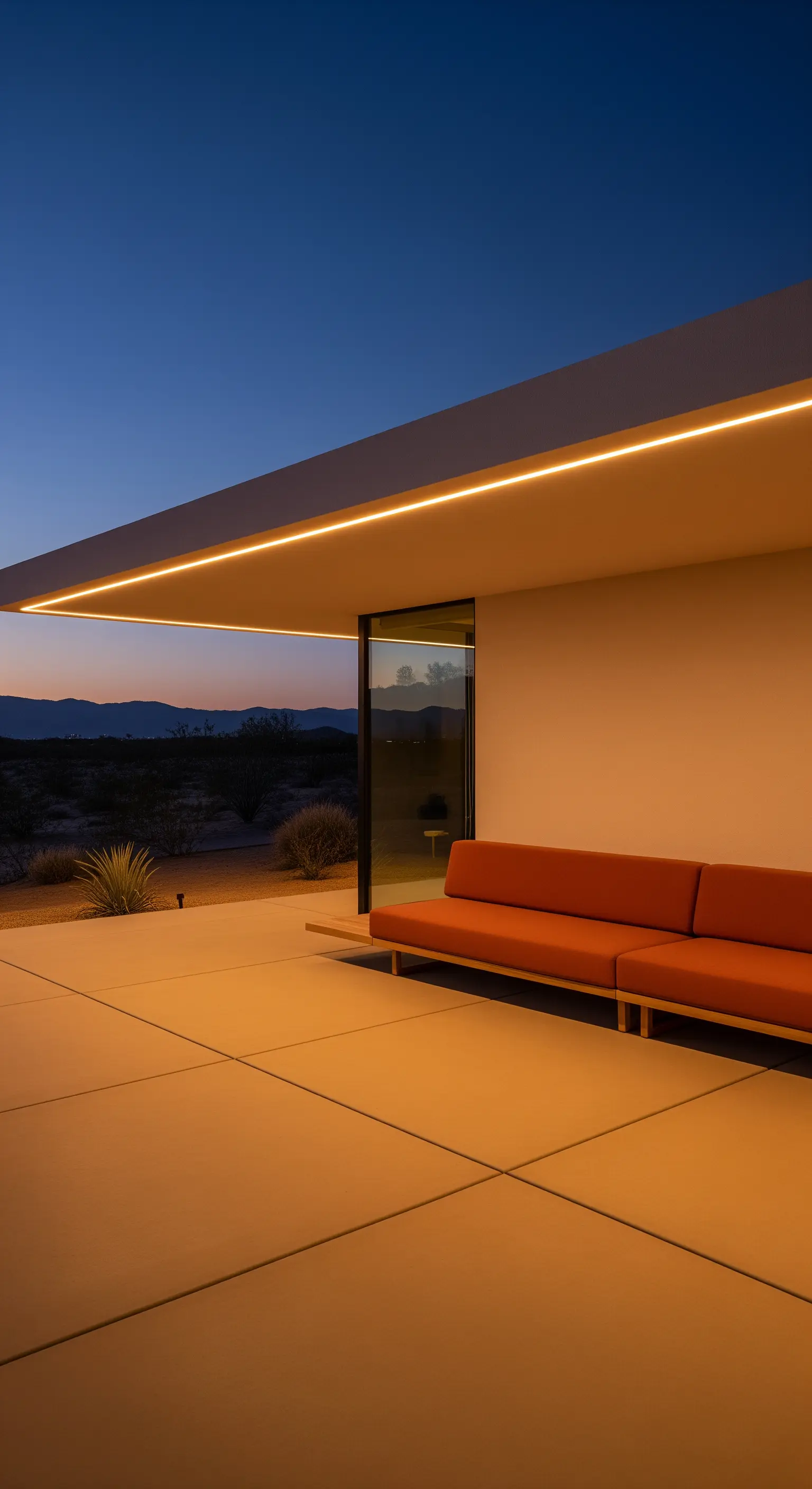 Patio nel deserto con divano arancione e una striscia LED integrata nel bordo della tettoia