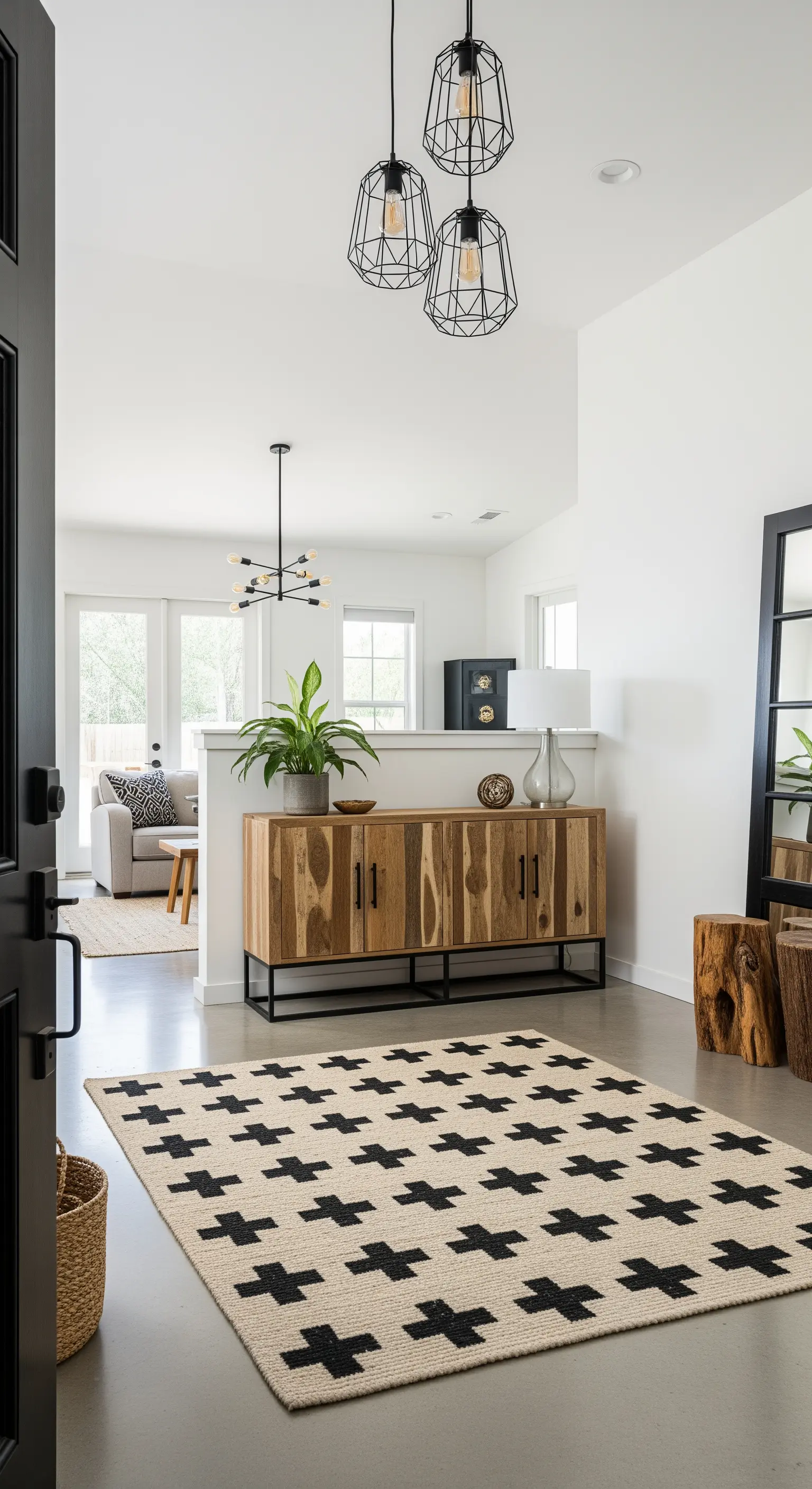 Ingresso open space con credenza in legno e tappeto con motivo a croci nere.