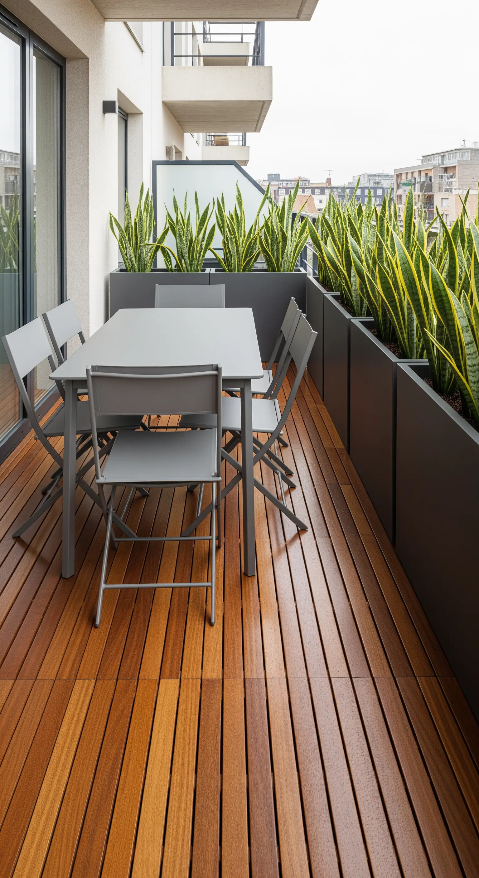 Balcone con pavimento in legno, tavolo da pranzo grigio e lunghe fioriere con piante di Sansevieria.