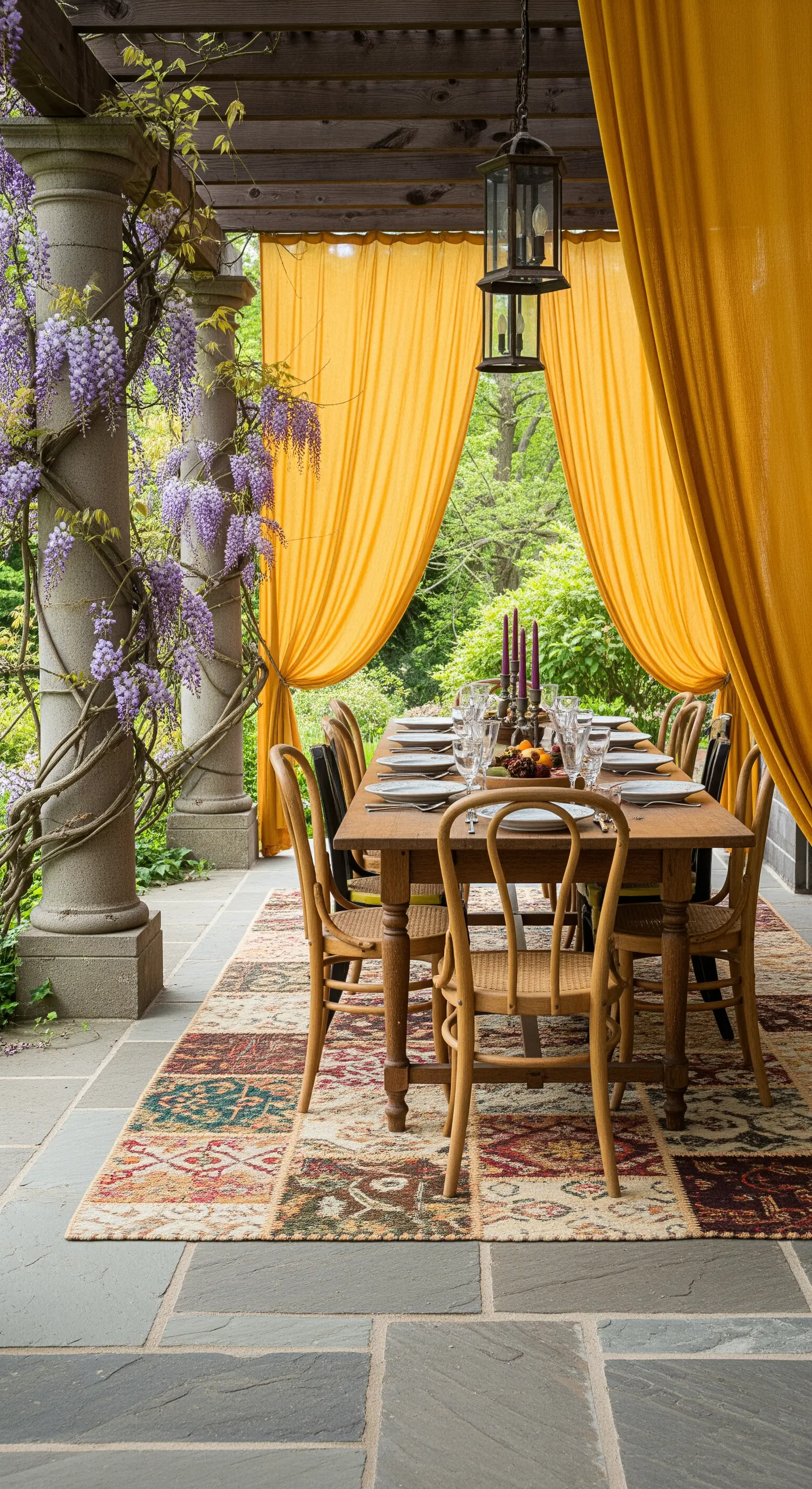 Zona pranzo su un portico con tavolo in legno, tende color ocra e un glicine rampicante.