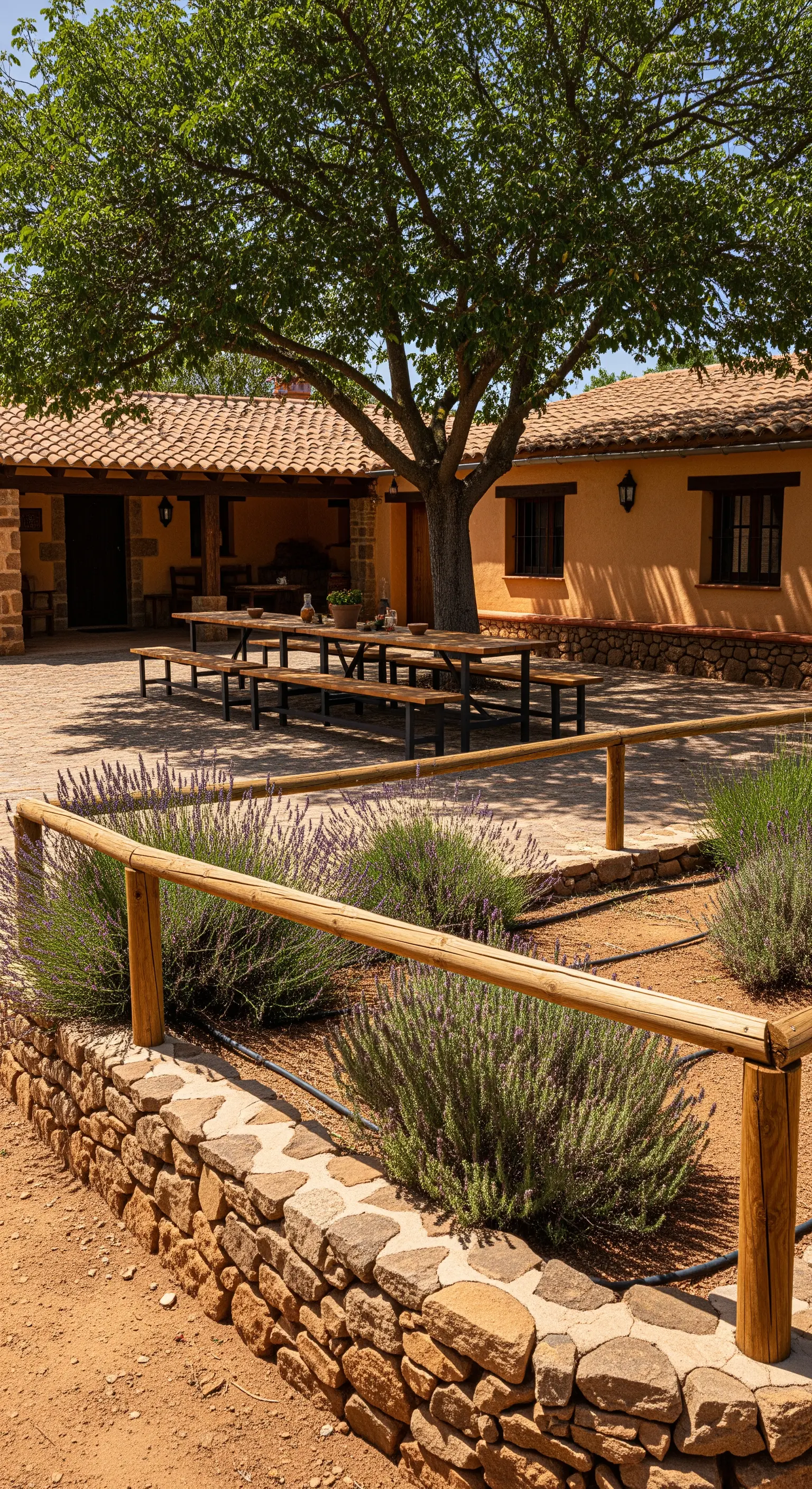 Corte interna con aiuole di lavanda delimitate da muretti a secco e staccionate.