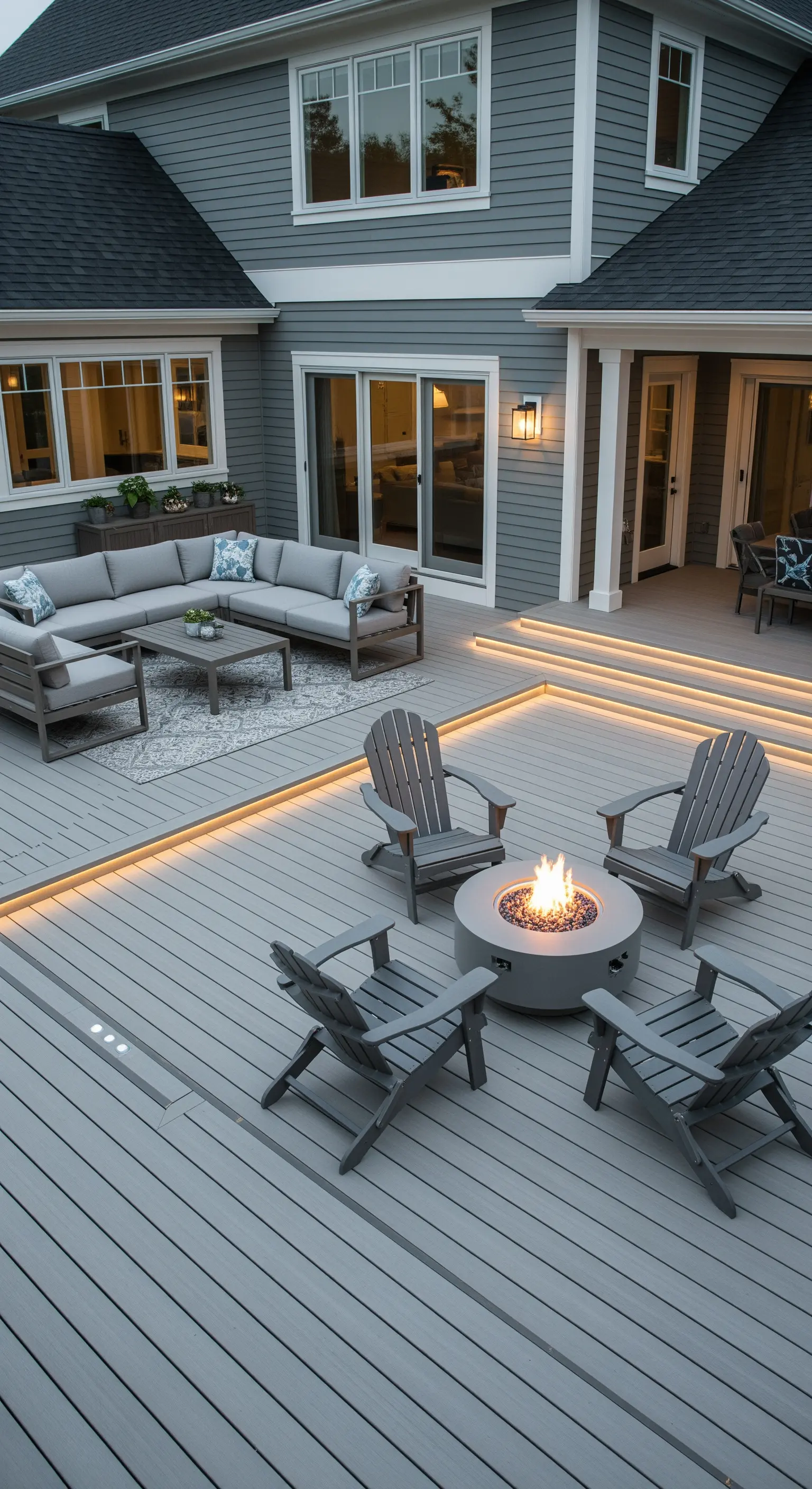 Ampio patio con zona lounge e area braciere, delimitate da strisce LED a pavimento.