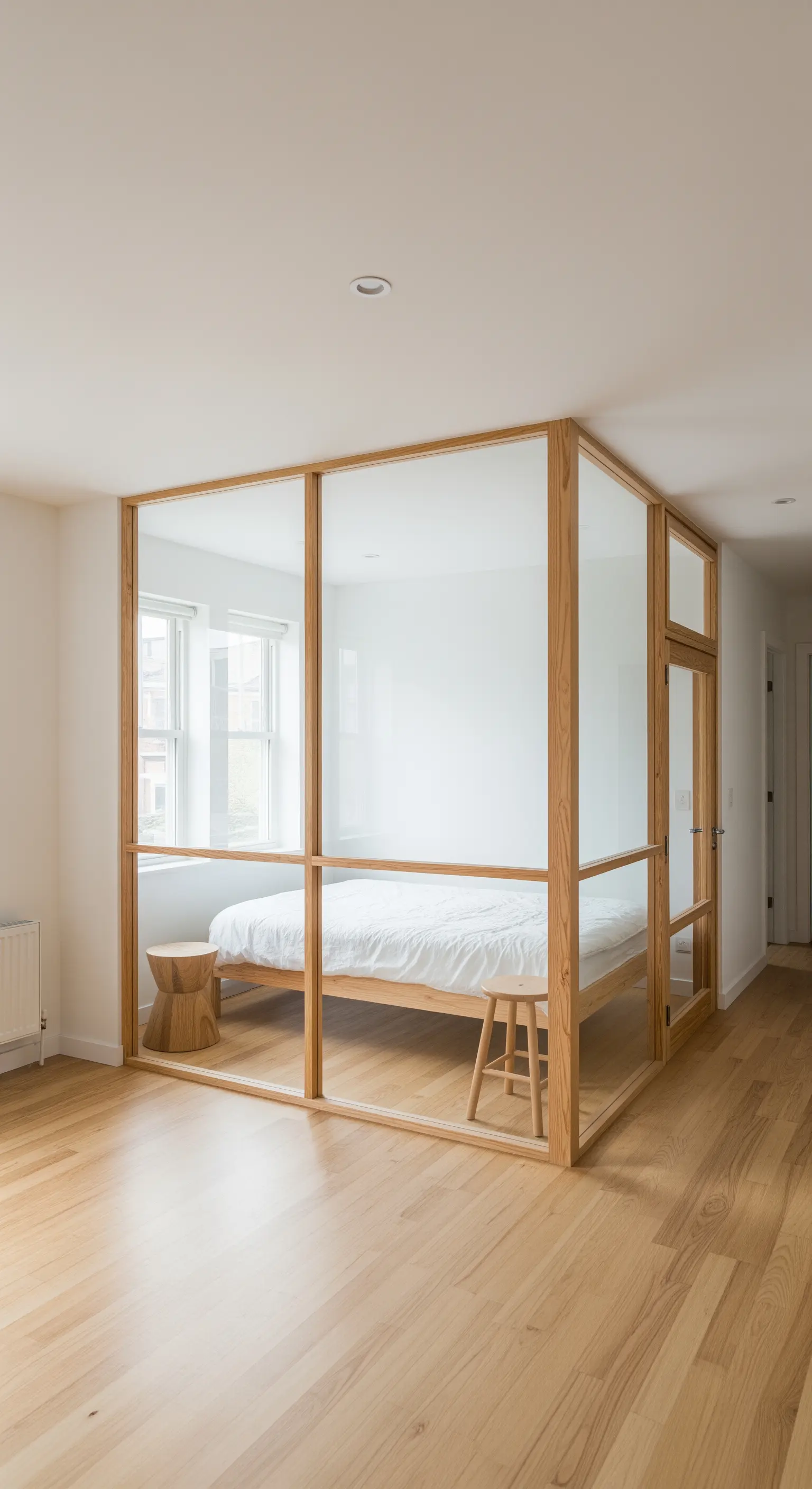 Camera da letto racchiusa in una struttura di vetro e legno chiaro.