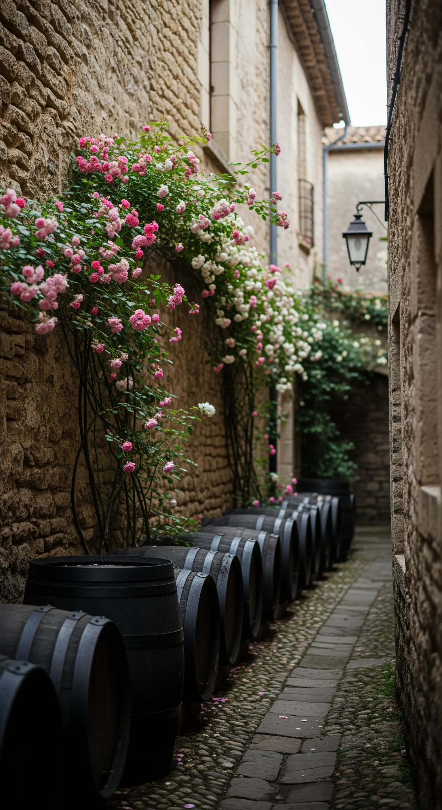 Fila di botti nere con rose rampicanti rosa e bianche lungo un vicolo in pietra.