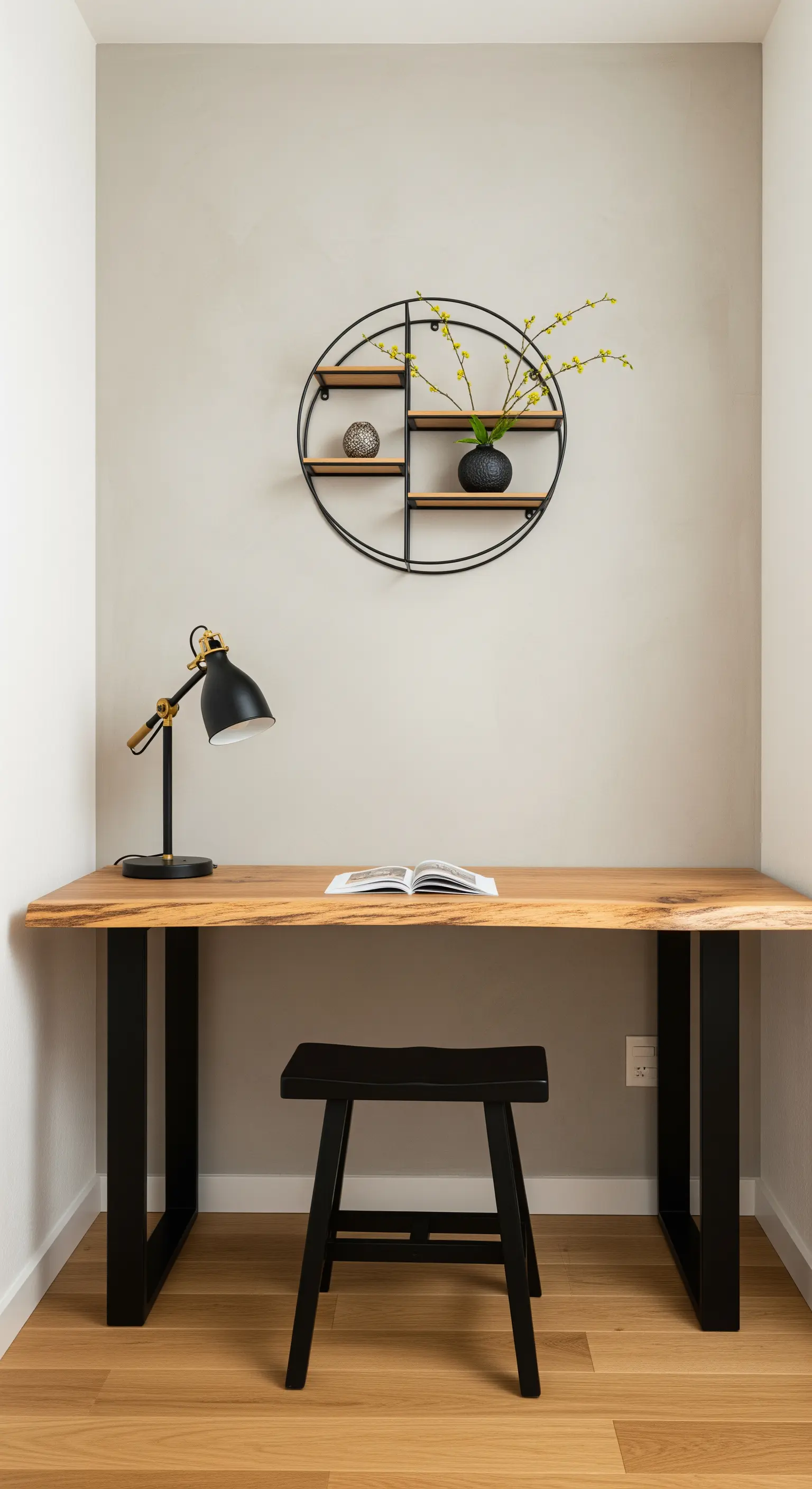 Piccolo angolo studio in una nicchia con scrivania in legno e mensola rotonda a parete.