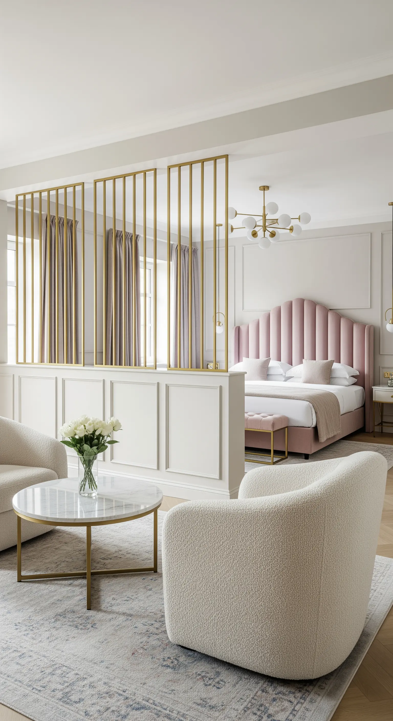 Suite con divisorio dorato che separa la zona letto rosa da un'area soggiorno.