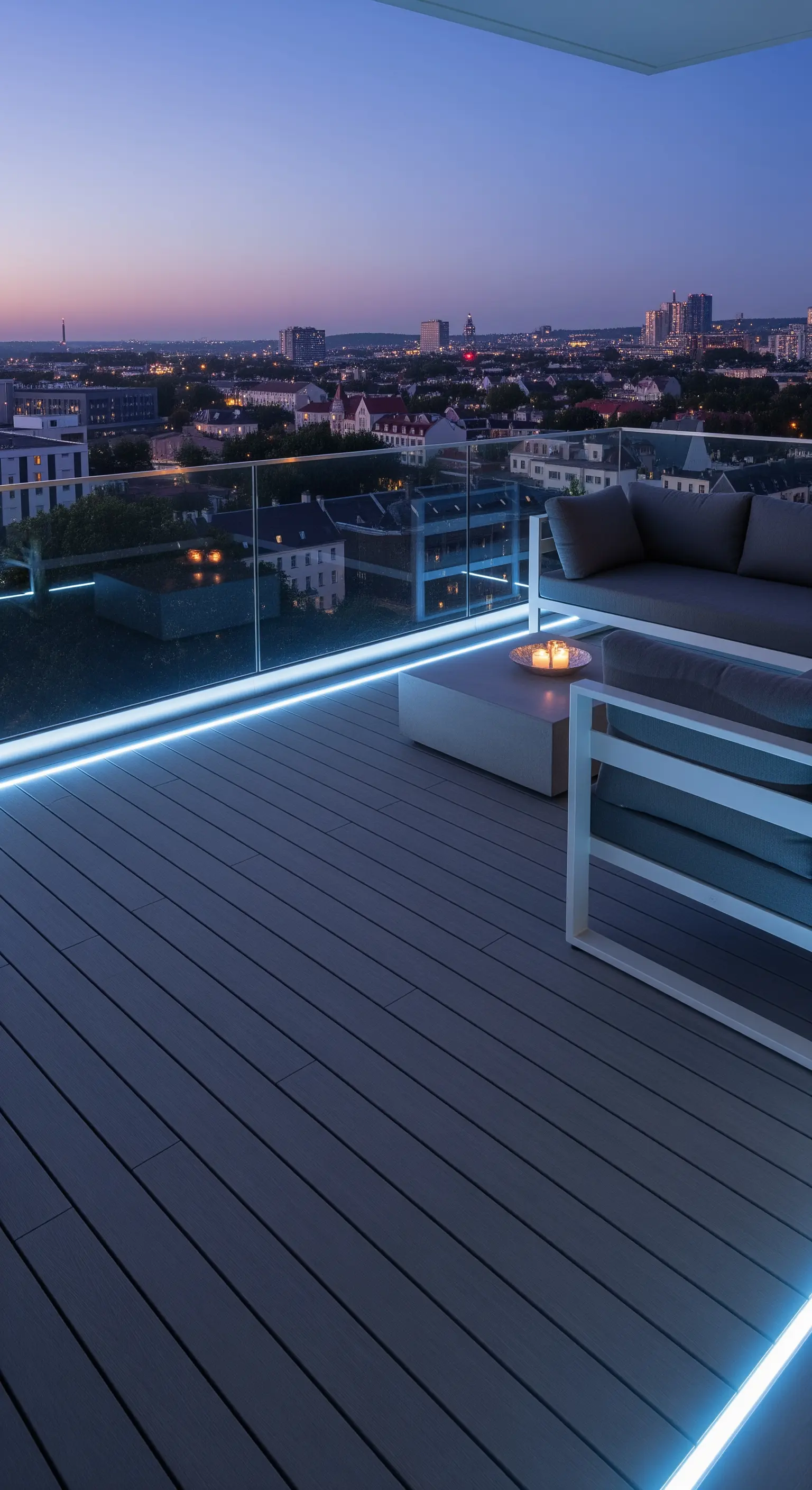 Balcone moderno con pavimento in legno composito e striscia LED blu lungo la balaustra in vetro