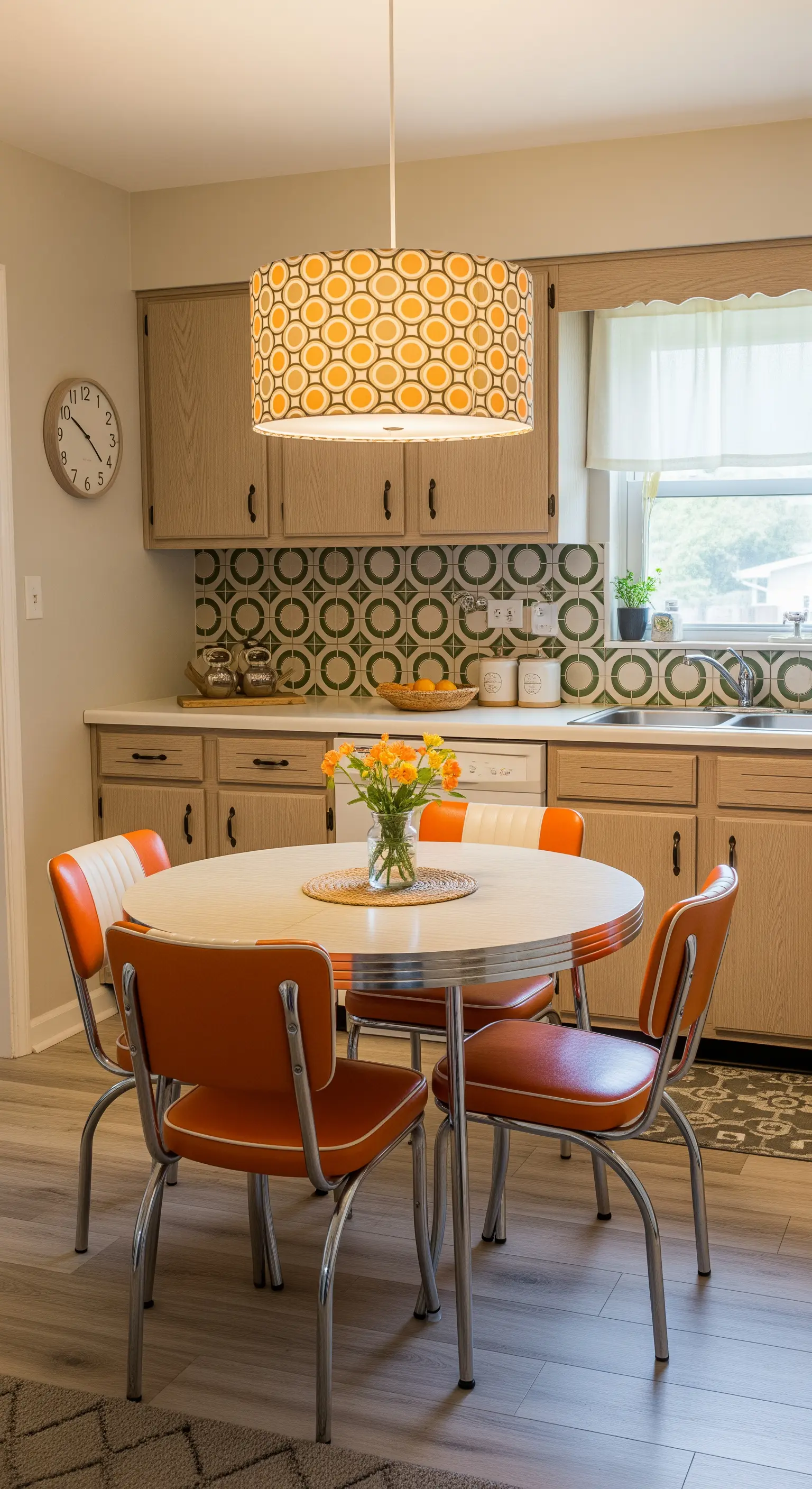 Angolo pranzo con sedie arancioni, tavolo rotondo e grande lampada a tamburo con pattern.