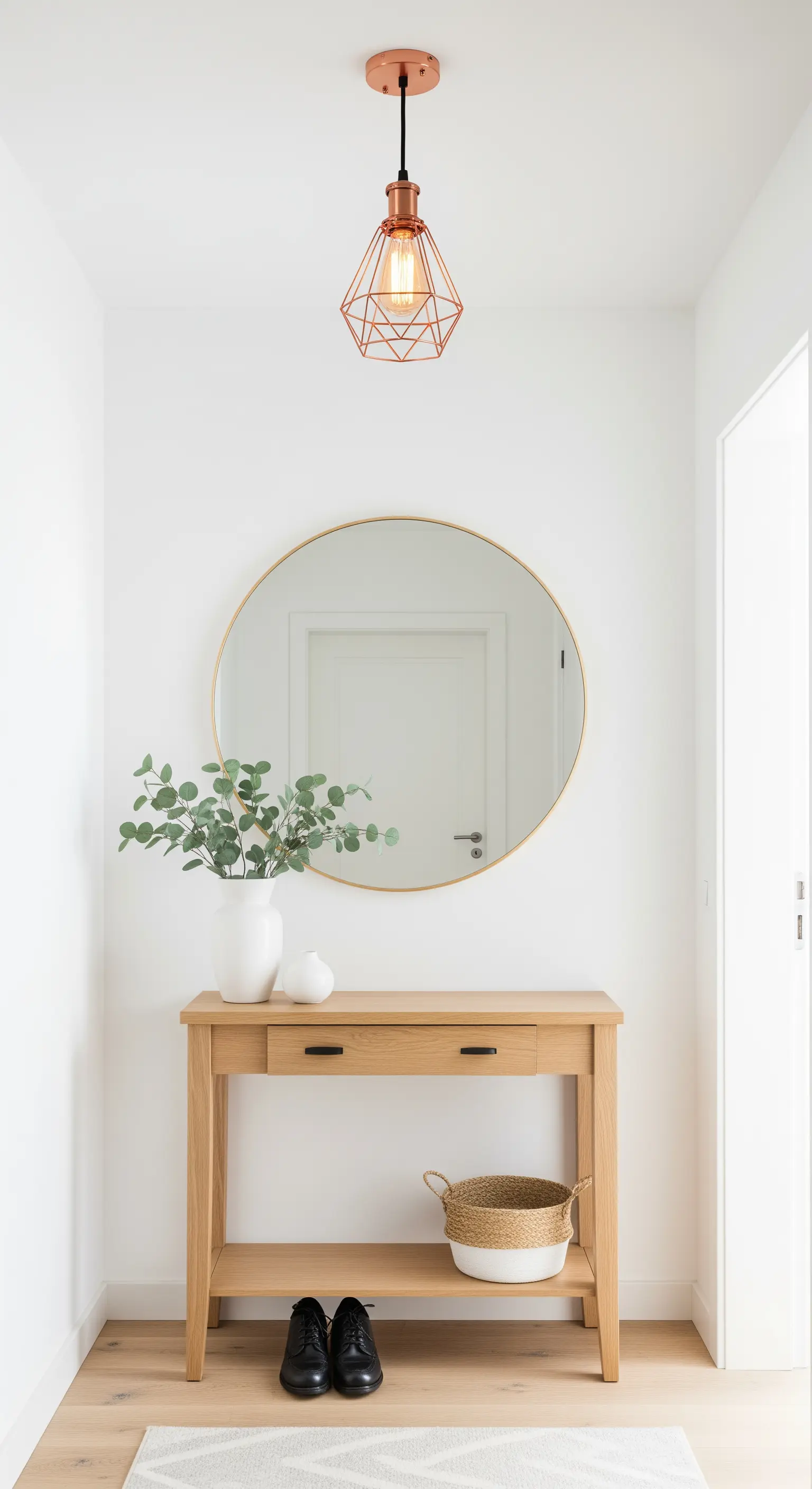 Ingresso minimalista con lampada a sospensione geometrica in rame sopra una consolle in legno chiaro.