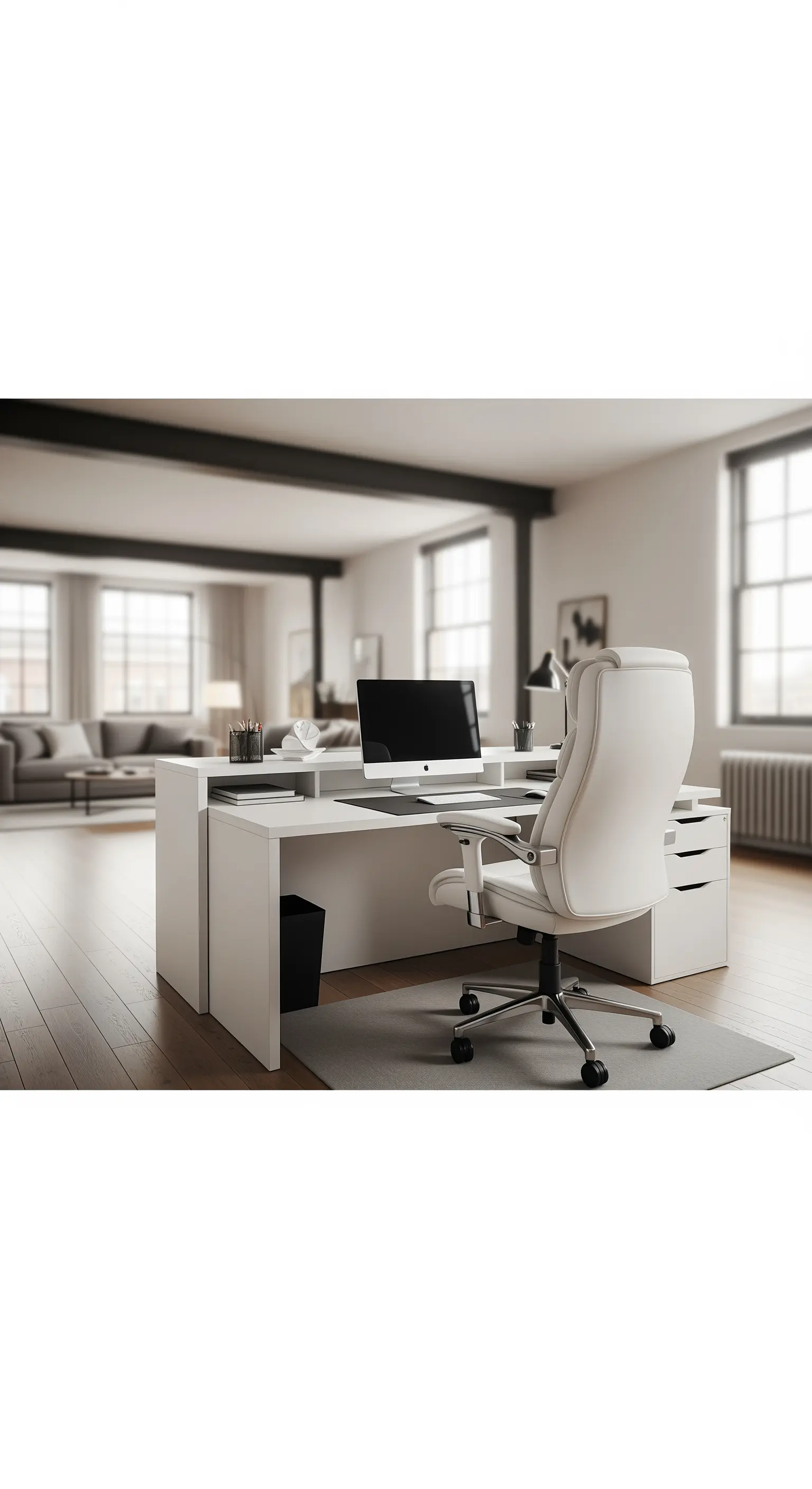 Grande scrivania bianca a L che separa la zona lavoro dal soggiorno in un loft open space.