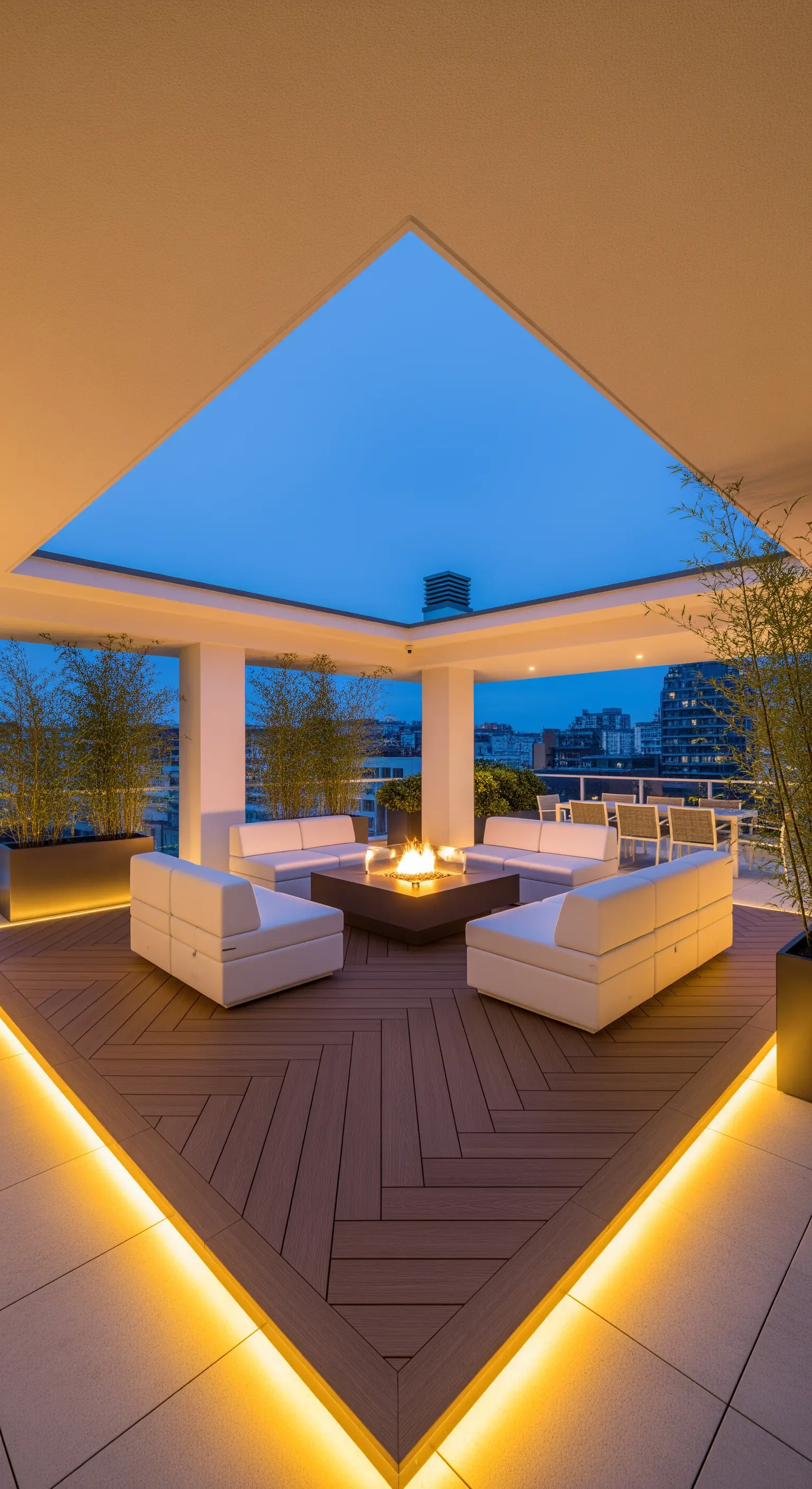 Terrazza con salotto bianco, braciere centrale e pedana in legno con bordo illuminato a LED