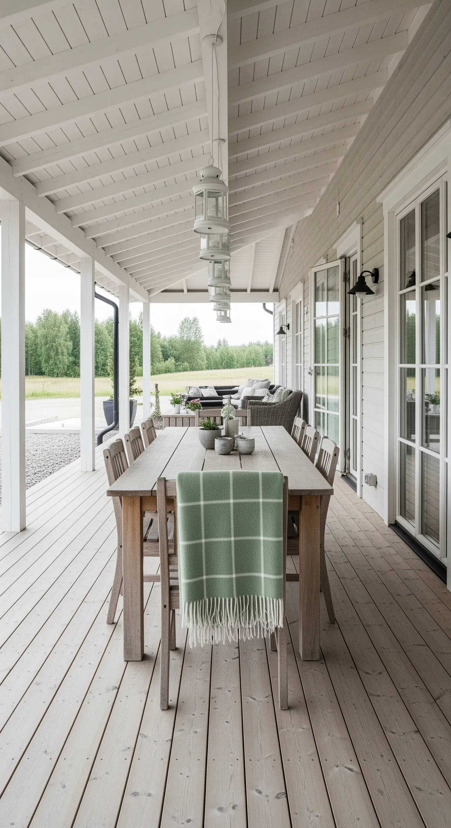 Lungo portico con tavolo da pranzo in legno, sedie e lampade a sospensione bianche