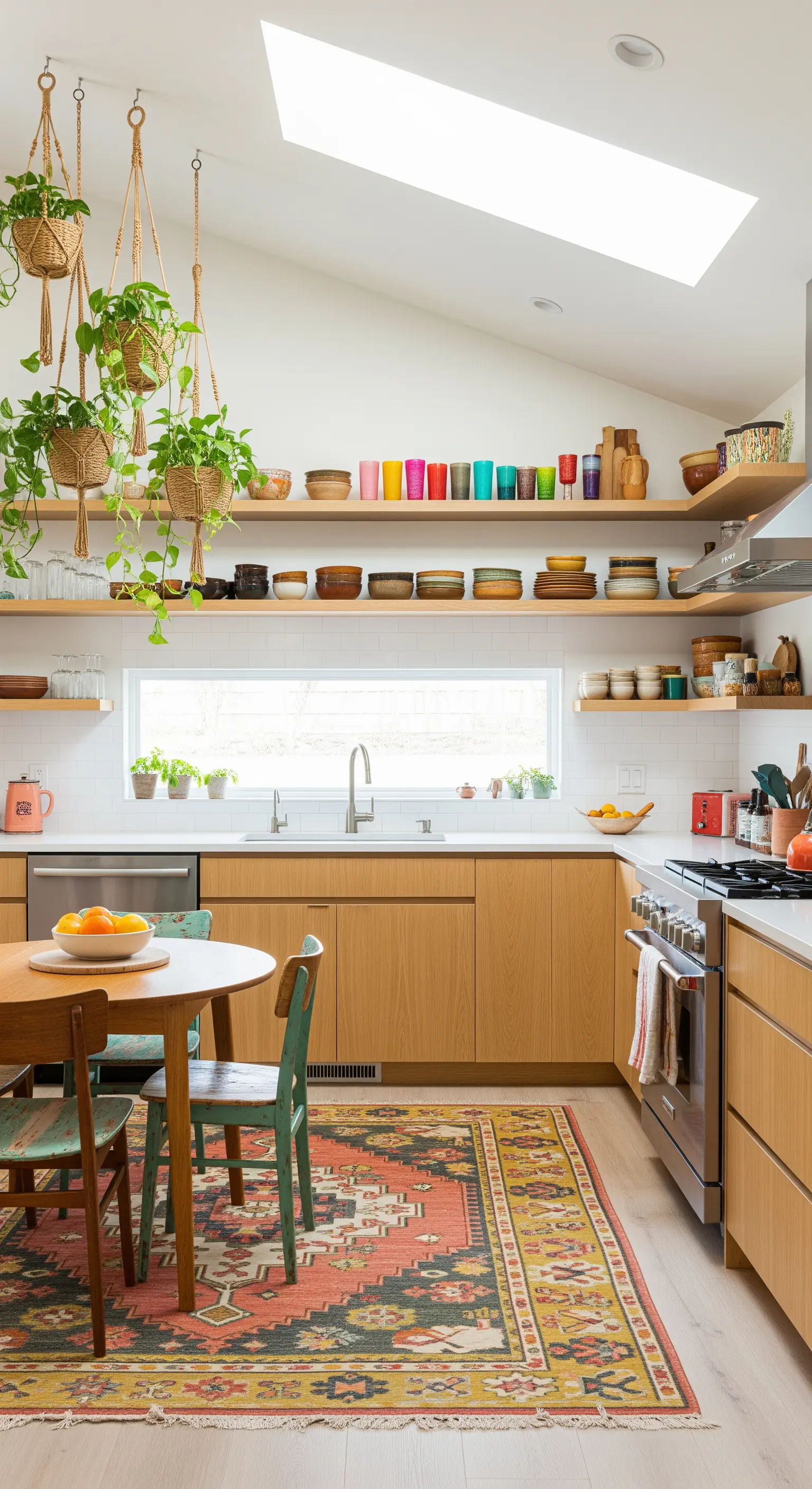 Cucina con zona pranzo definita da un grande tappeto etnico colorato e piante sospese.
