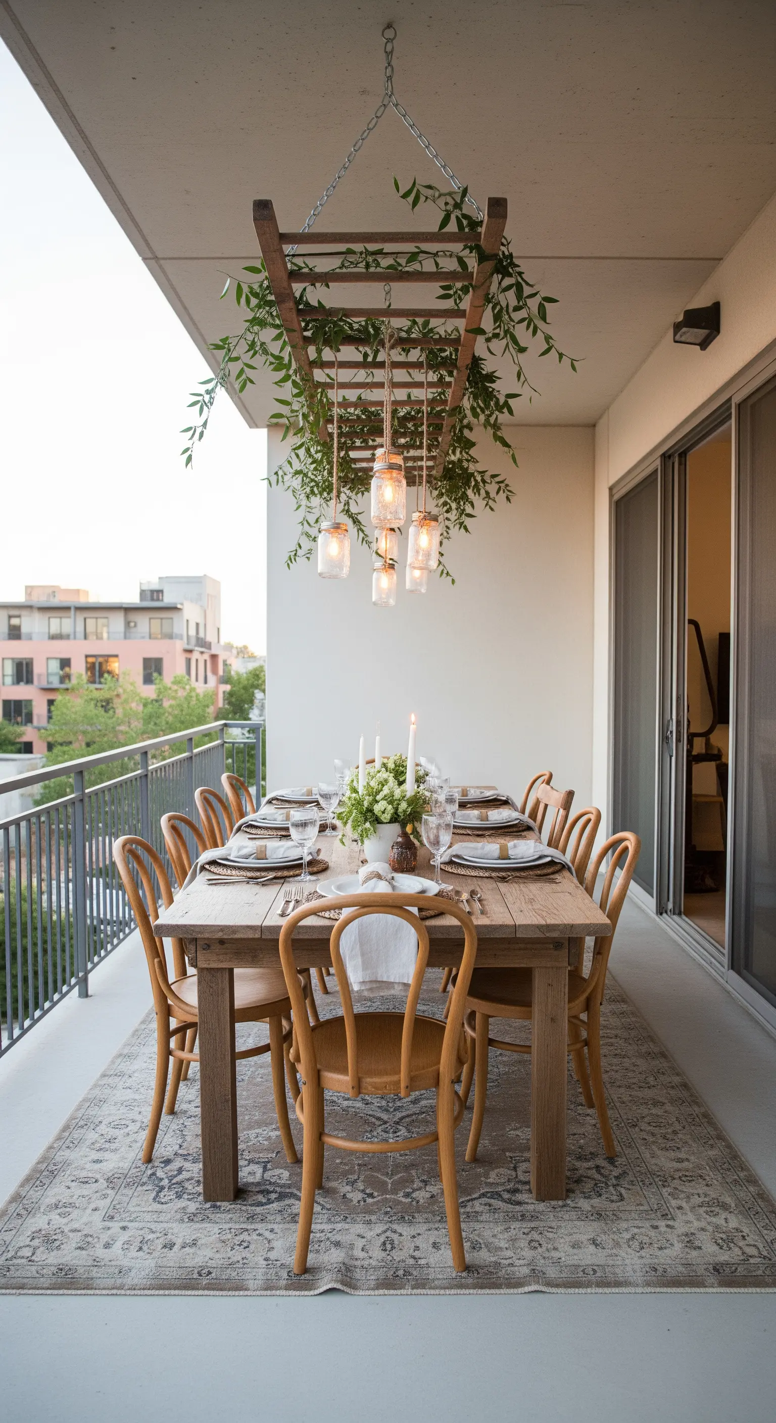 Tavolo da pranzo su un balcone, illuminato da una scala di legno sospesa con luci e verde.