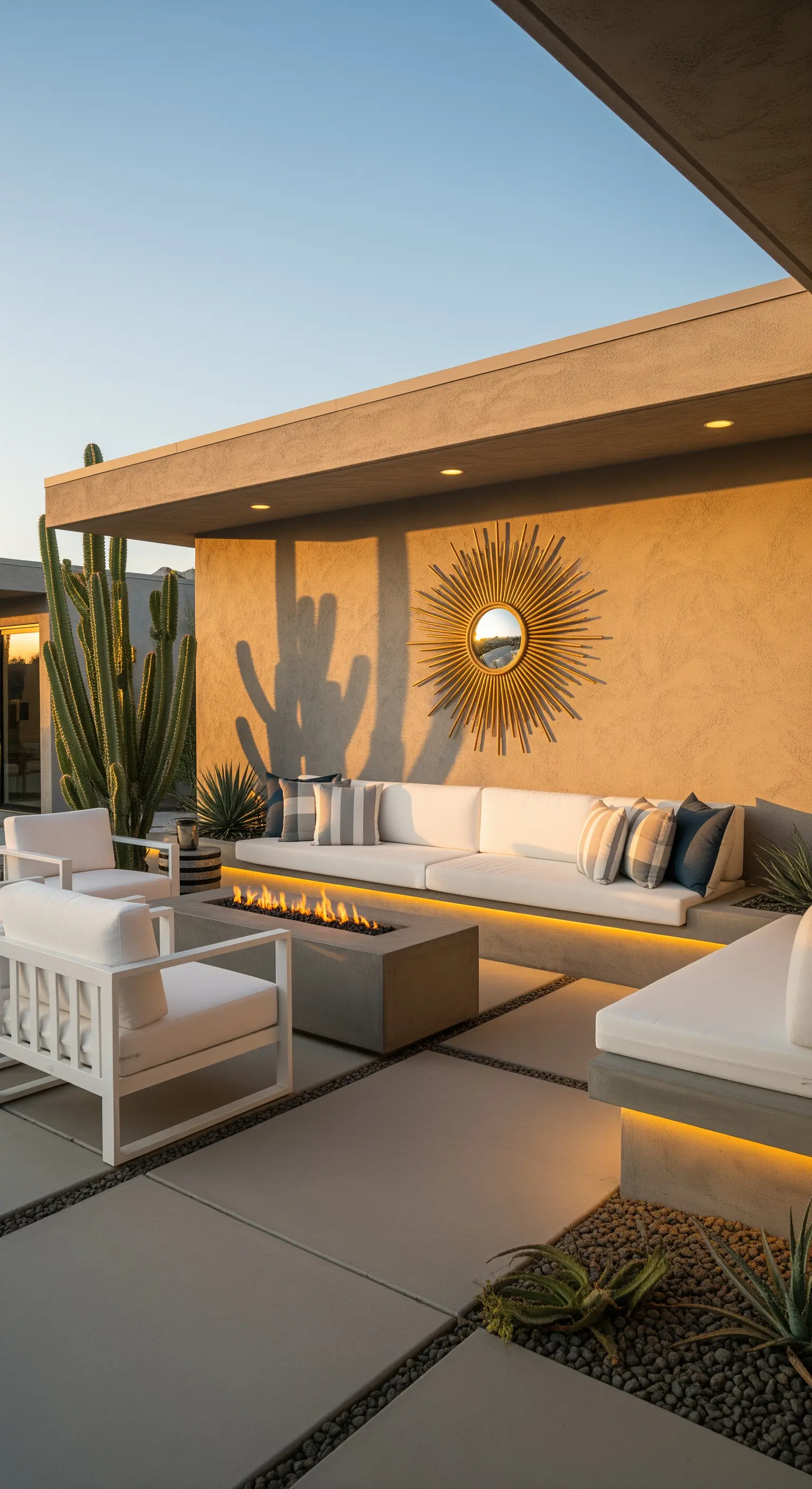 Patio desertico con divani bianchi integrati, braciere in cemento e specchio a sole dorato