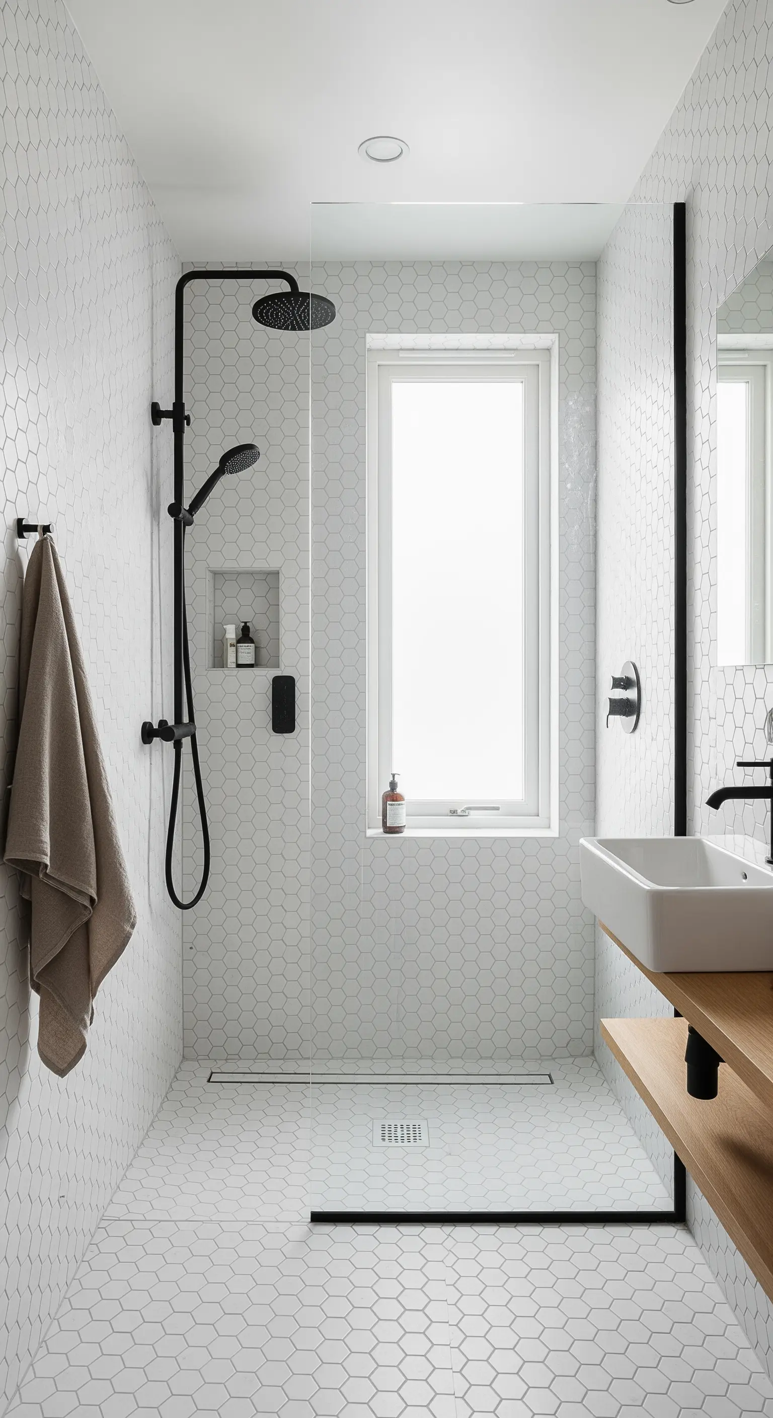 Doccia walk-in con piastrelle esagonali bianche e rubinetteria nera opaca.