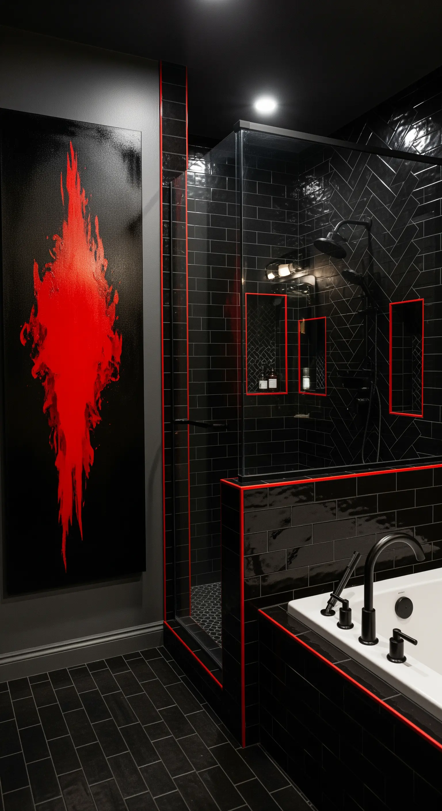 Bagno total black con profili e quadro astratto di colore rosso acceso.