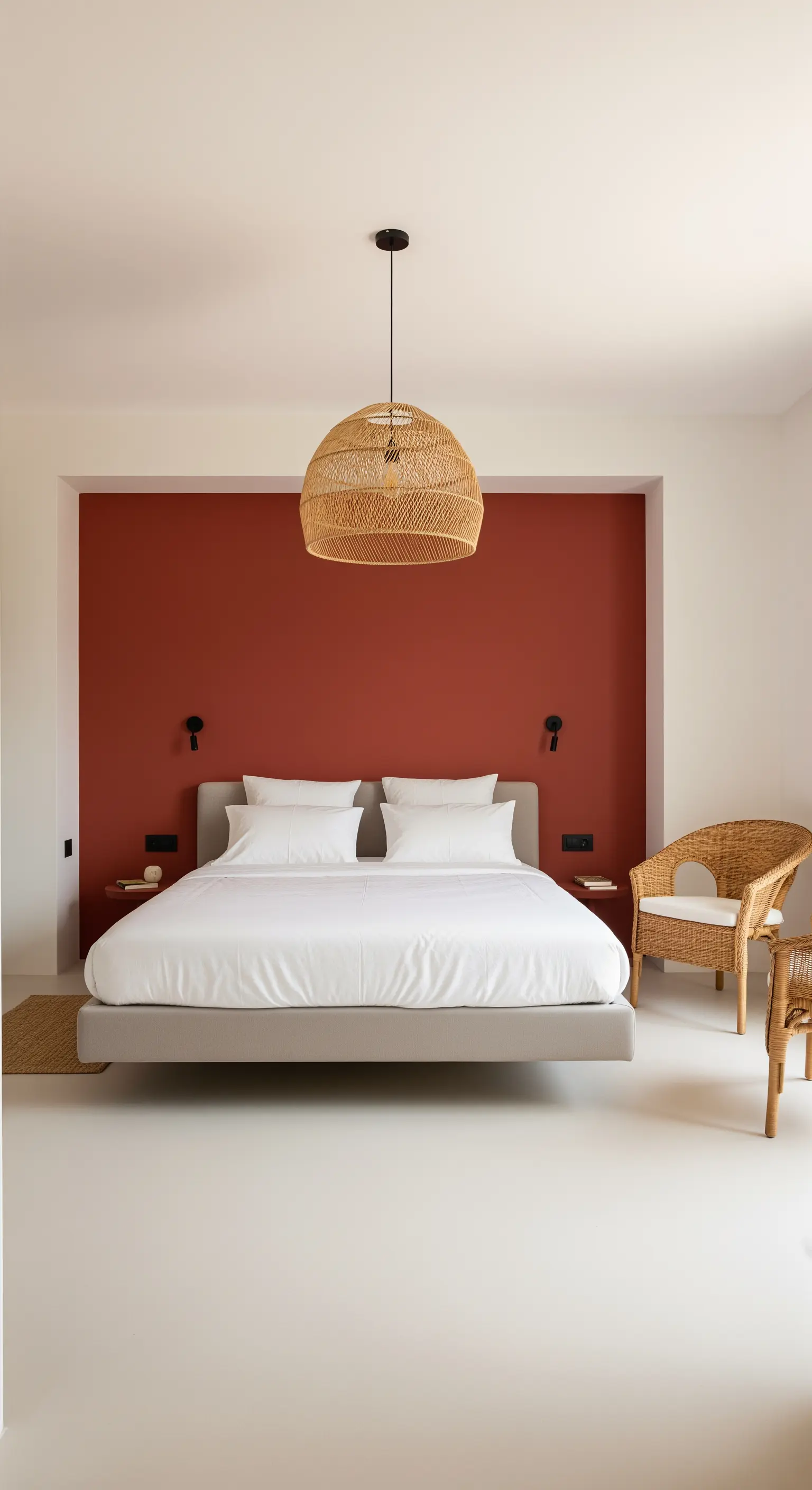 Camera da letto minimalista con parete di accento color terracotta e lampadario in rattan.