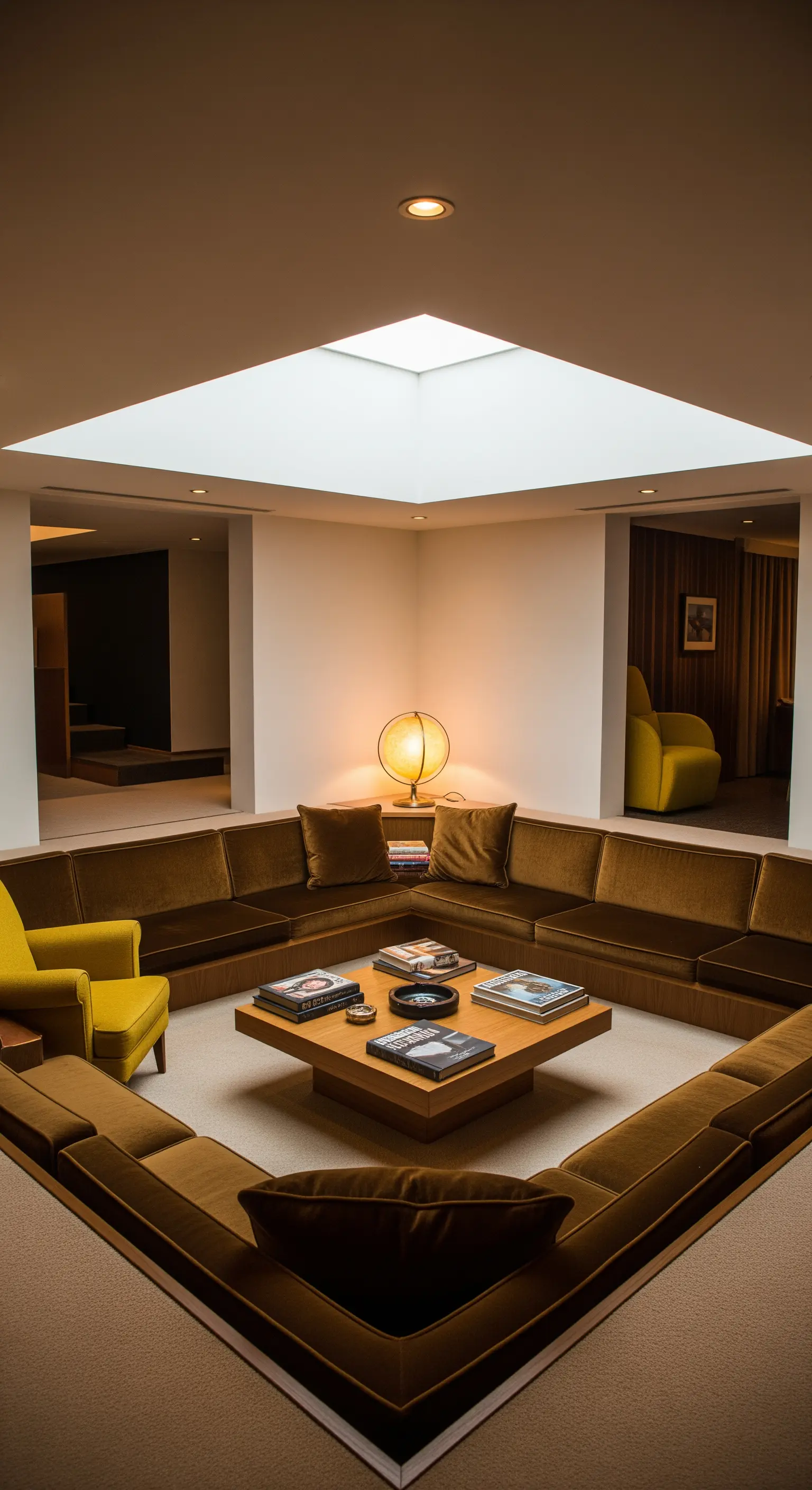 Salotto con seduta incassata quadrata rivestita in velluto e un tavolino basso in legno al centro.