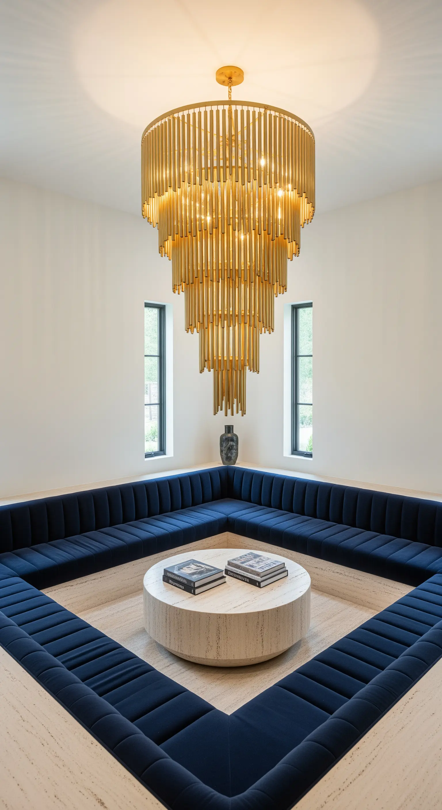 Ampia seduta incassata in velluto blu con un enorme lampadario dorato a cascata.