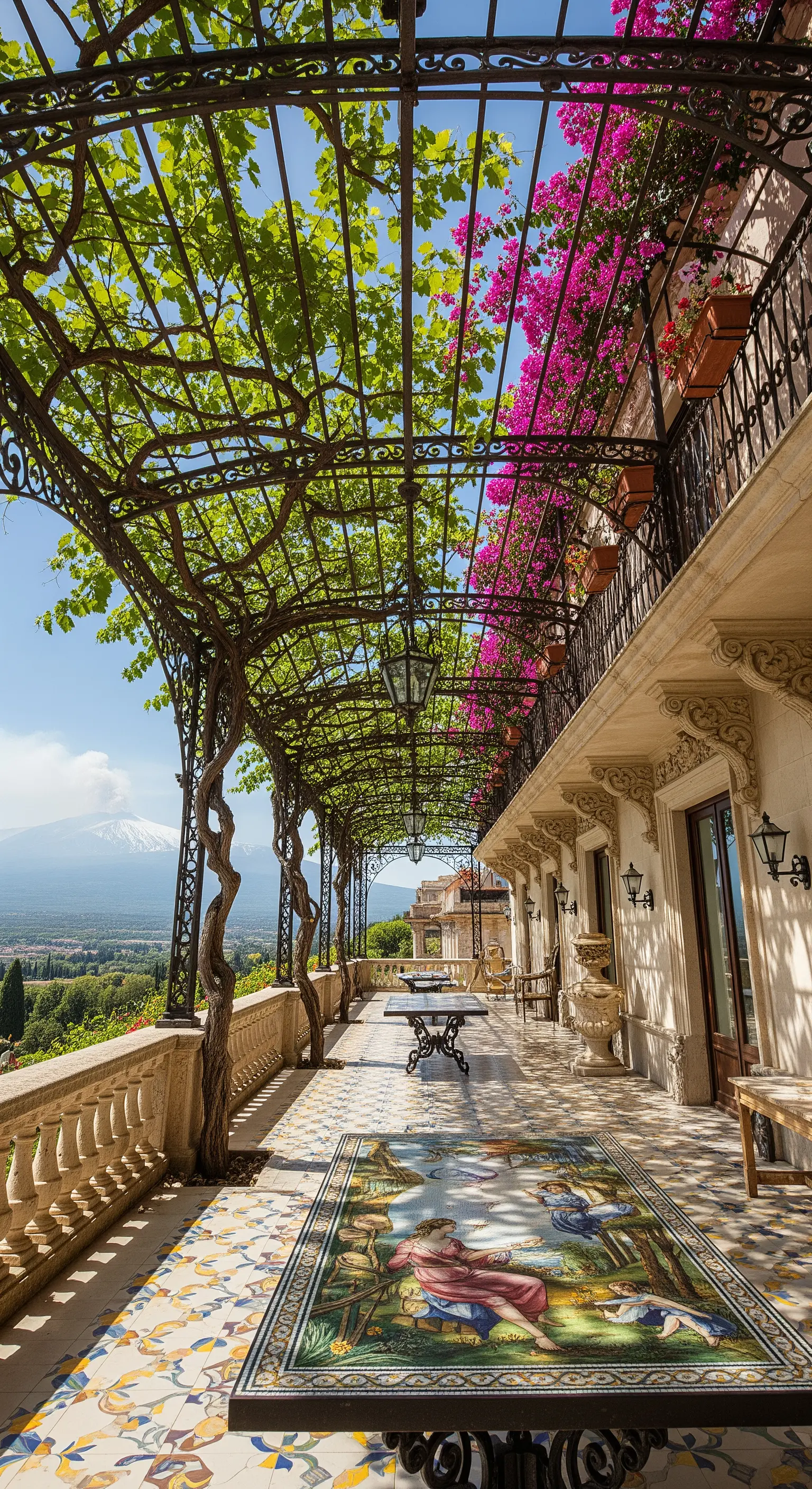 Lunga terrazza con un grande mosaico a pavimento che funge da tappeto decorativo