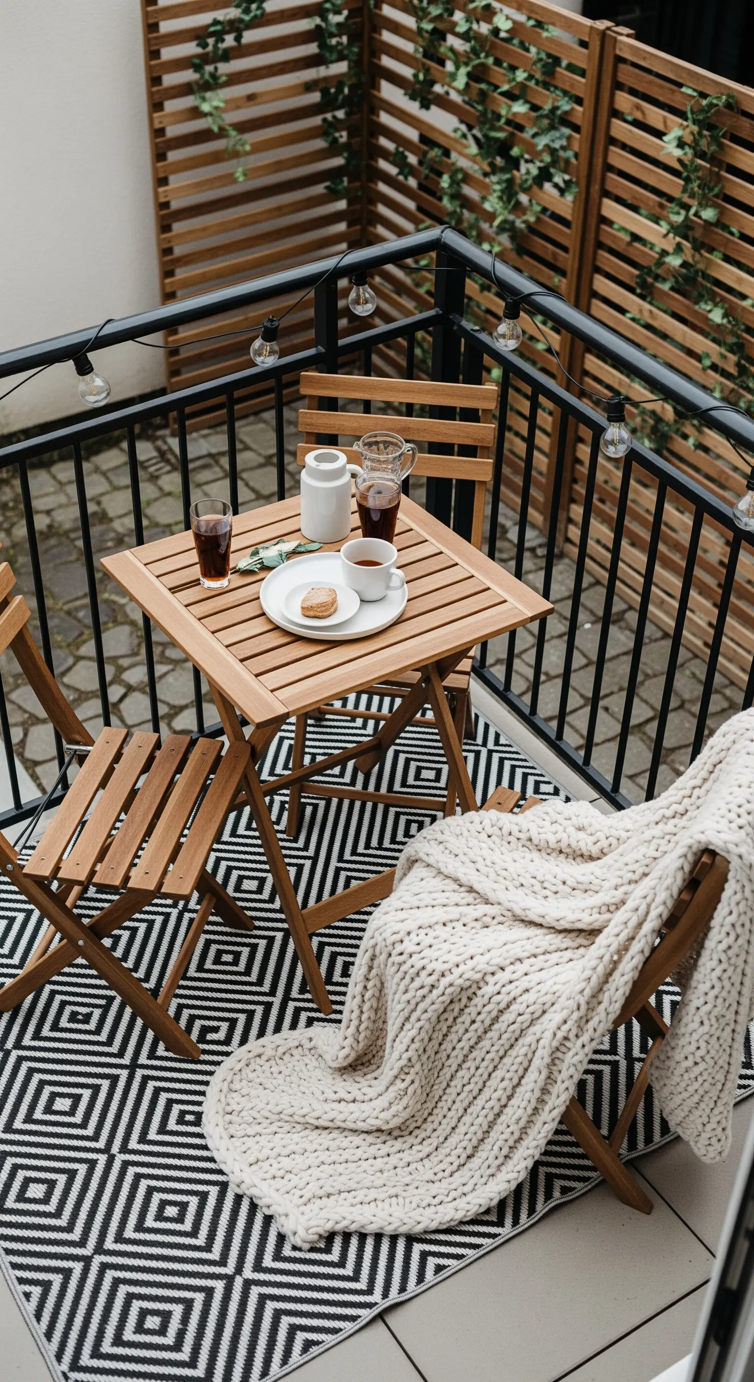 Angolo colazione su un balcone con tappeto geometrico e coperta di lana.
