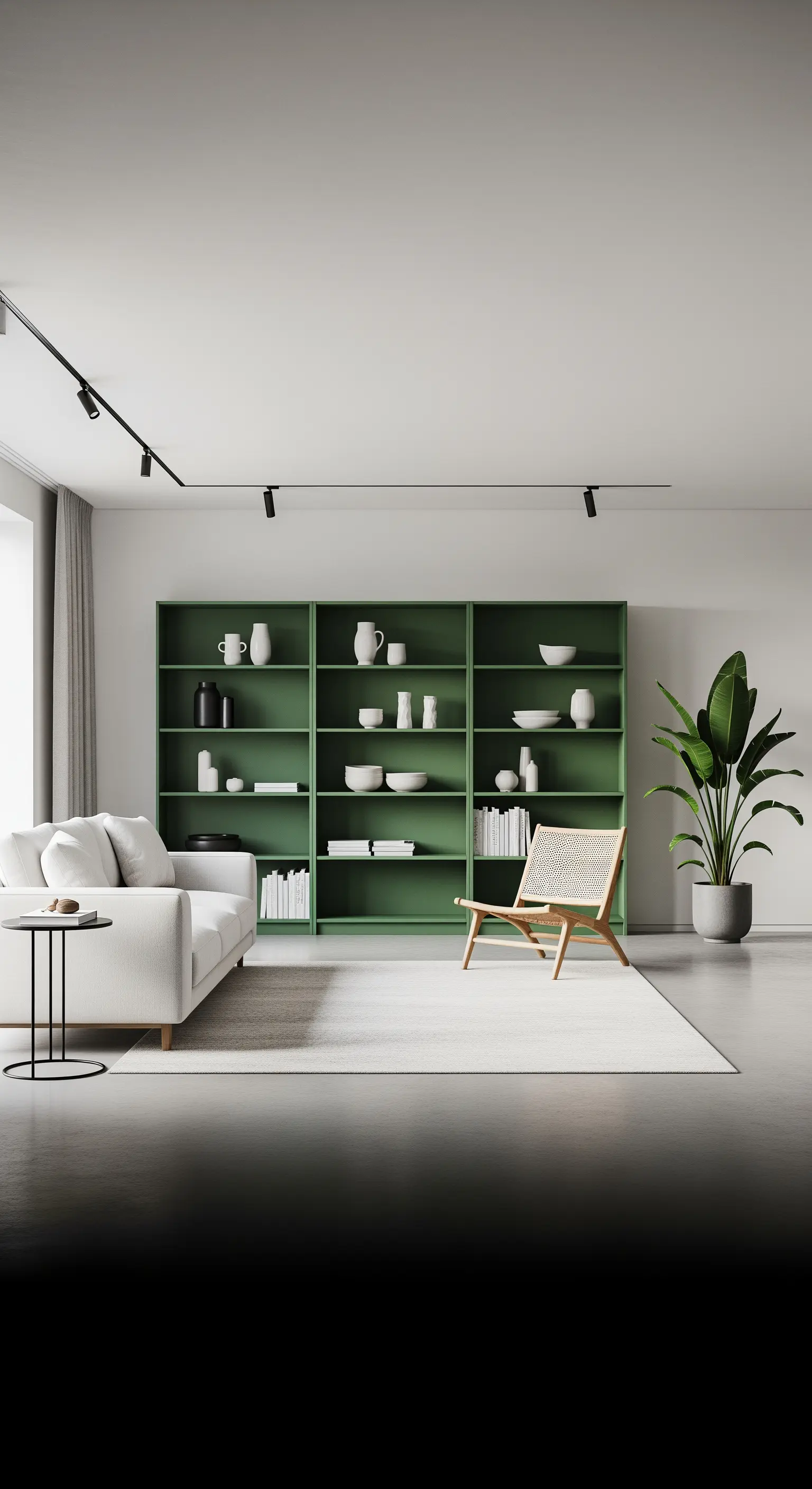Living minimalista con una grande libreria verde salvia come unico elemento colorato.