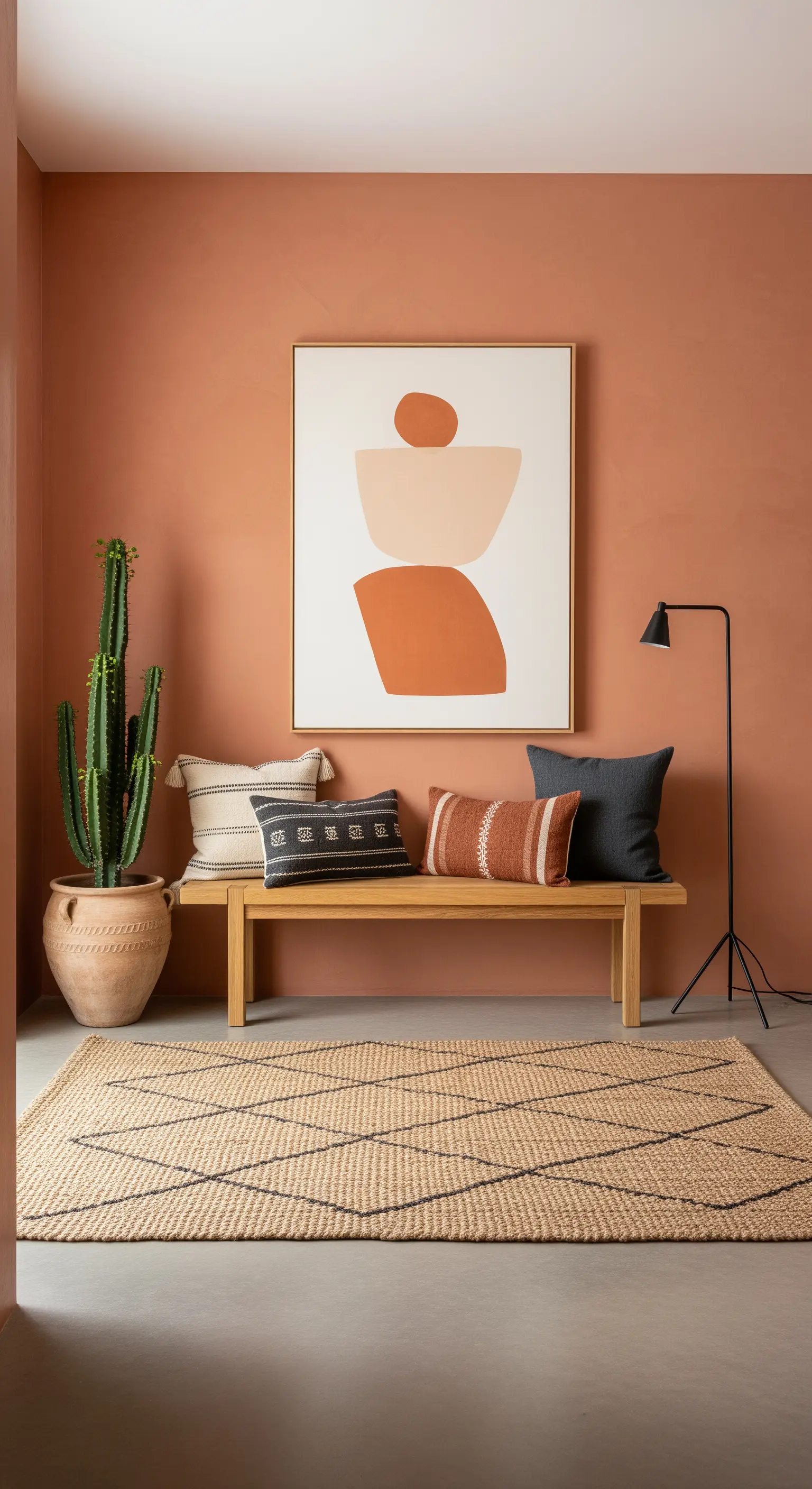 Ingresso con pareti color terracotta, panca in legno, tappeto in iuta e un quadro astratto.
