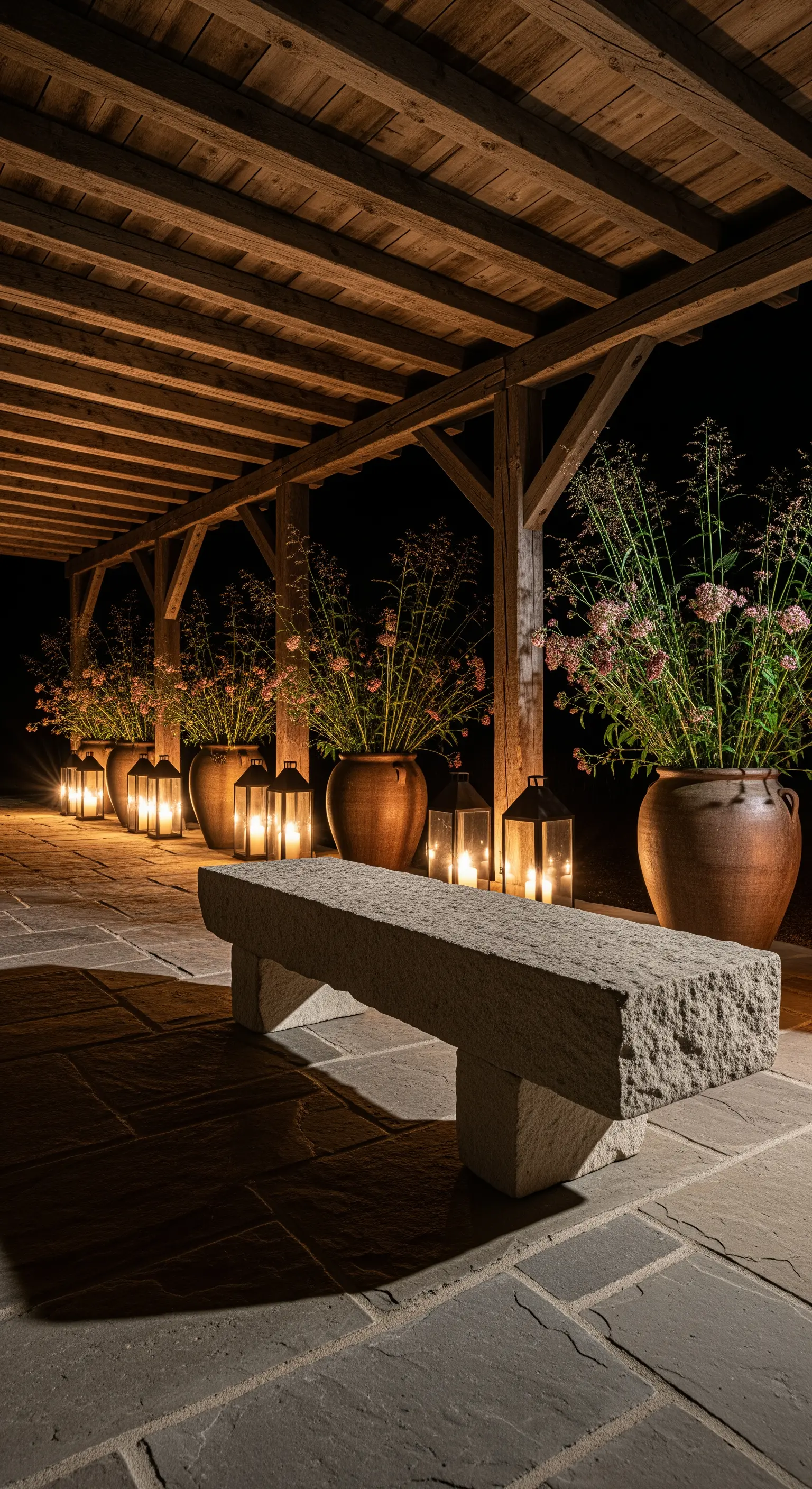 Panca in pietra grezza sotto una pergola, con una fila di grandi vasi e lanterne a terra
