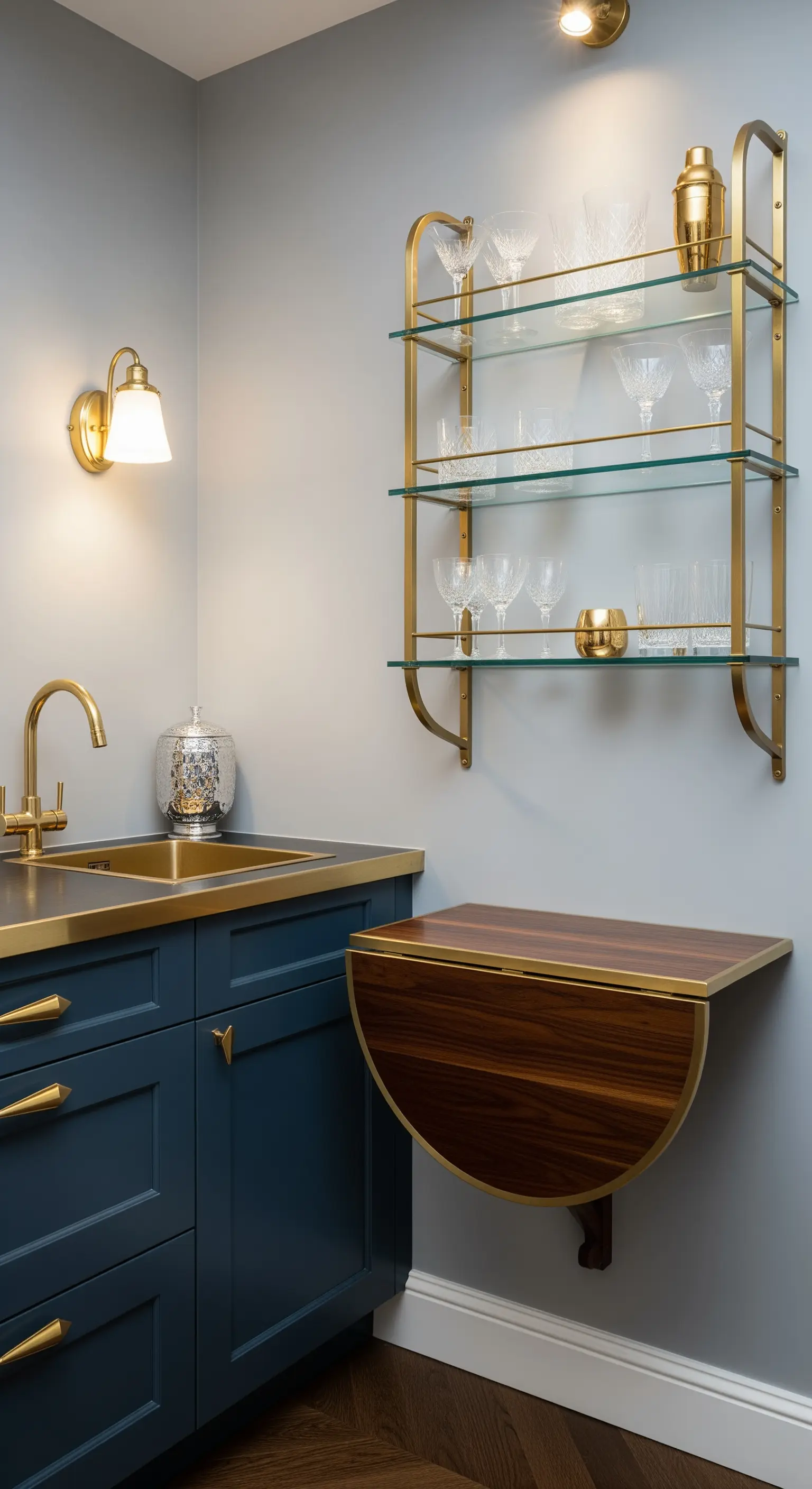 Angolo bar blu navy con dettagli in ottone, mensole in vetro e tavolo a ribalta a mezzaluna.