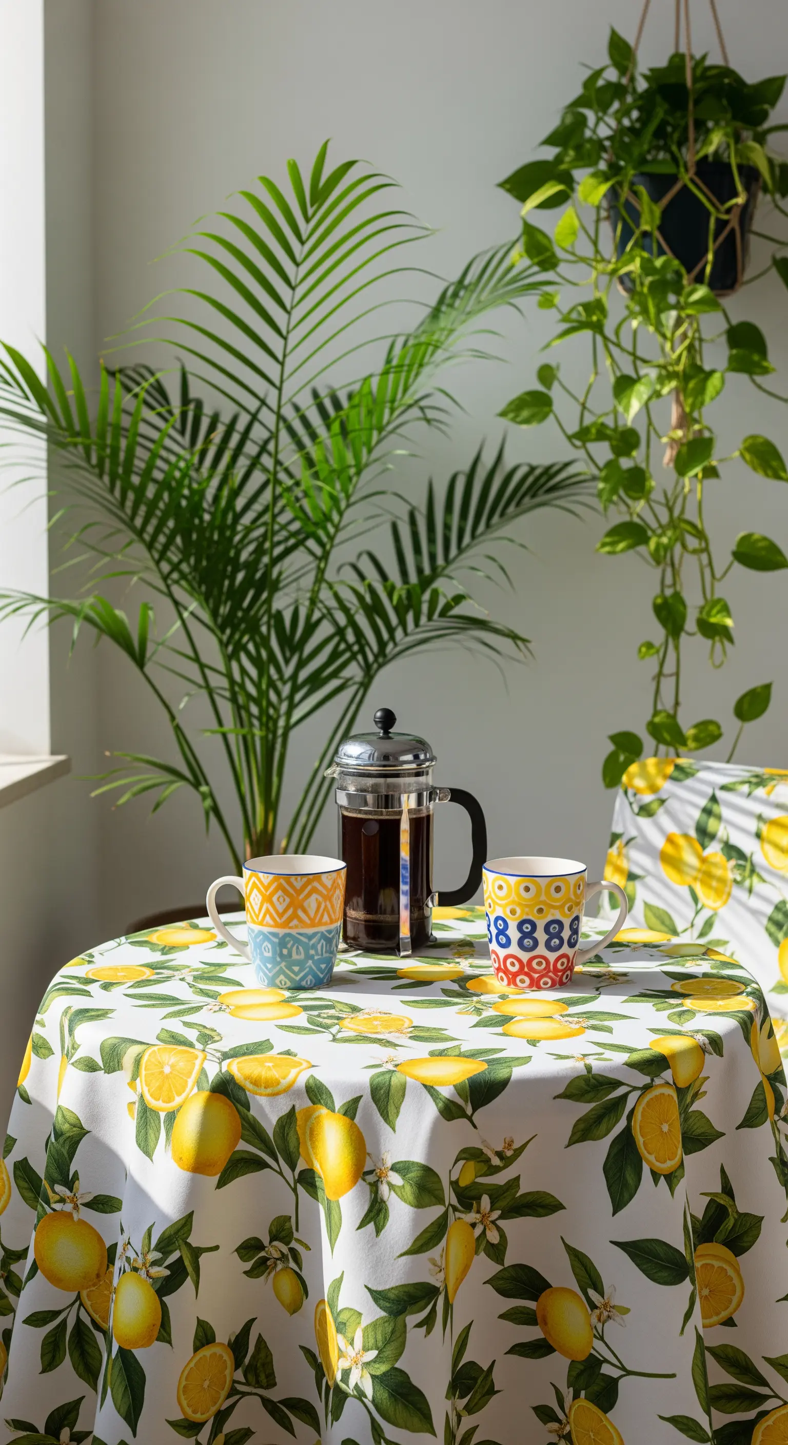 Tavolino da caffè con tovaglia a stampa di limoni, due tazze e una pianta di palma.