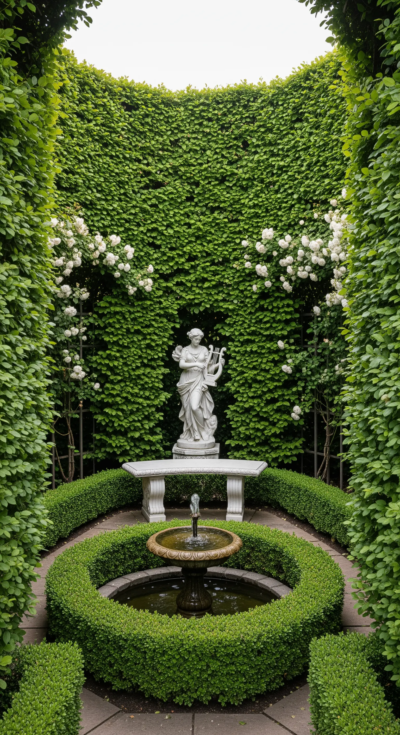 Angolo raccolto con fontana, panca in pietra e statua, circondato da siepi e rose bianche rampicanti