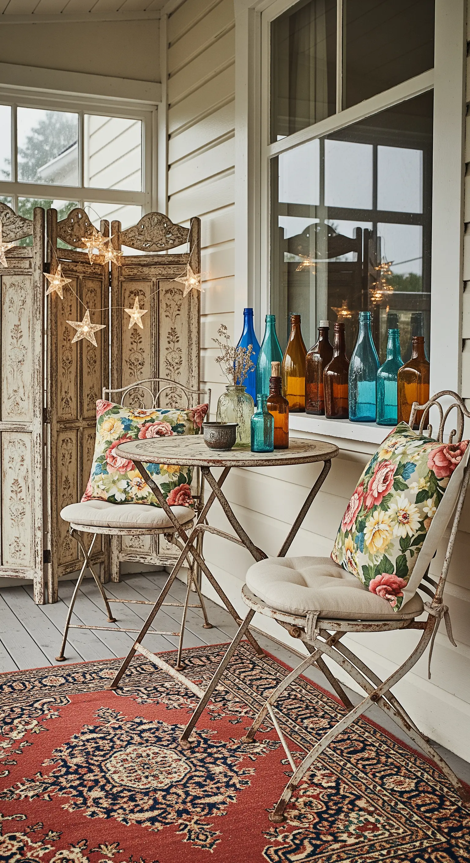 Angolo caffè su un portico con sedie in ferro battuto, paravento vintage e bottiglie.