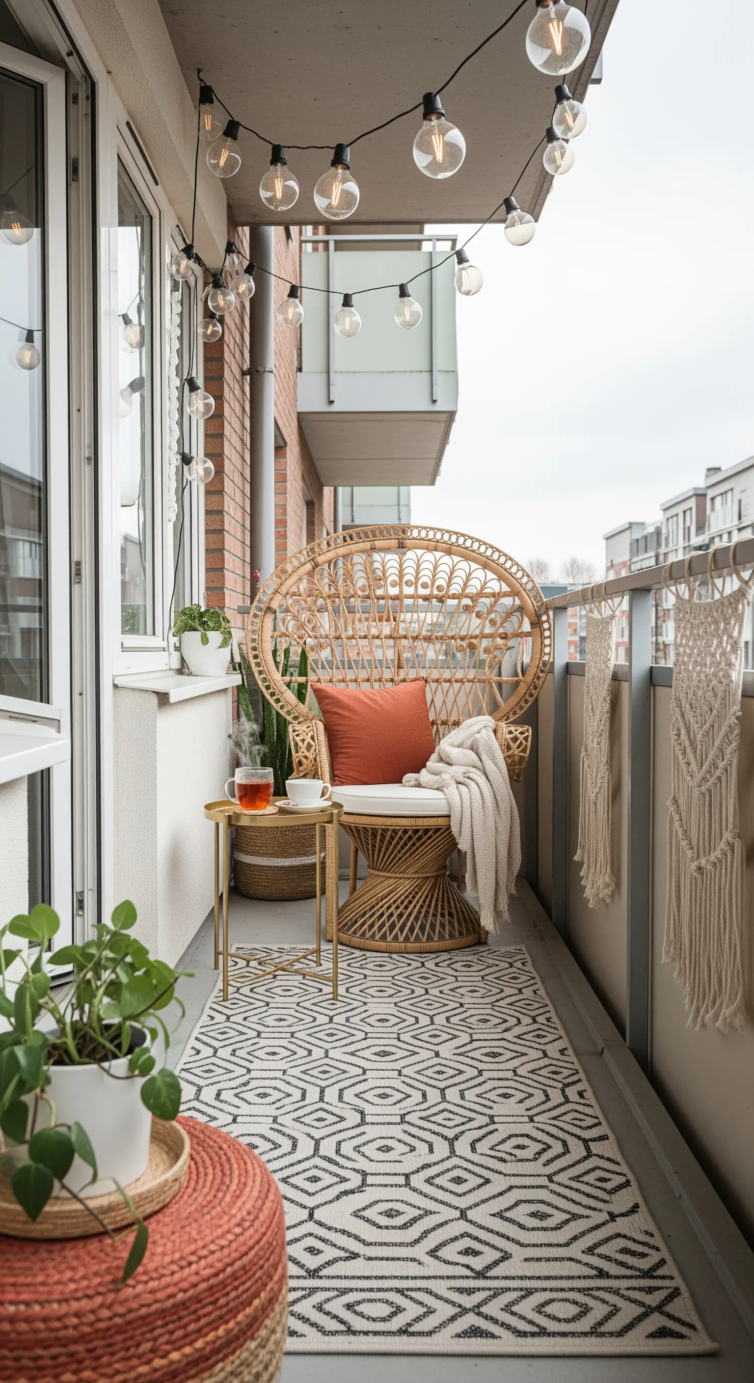 Balcone stretto con poltrona in rattan, tappeto geometrico e filo di luci a bulbo.