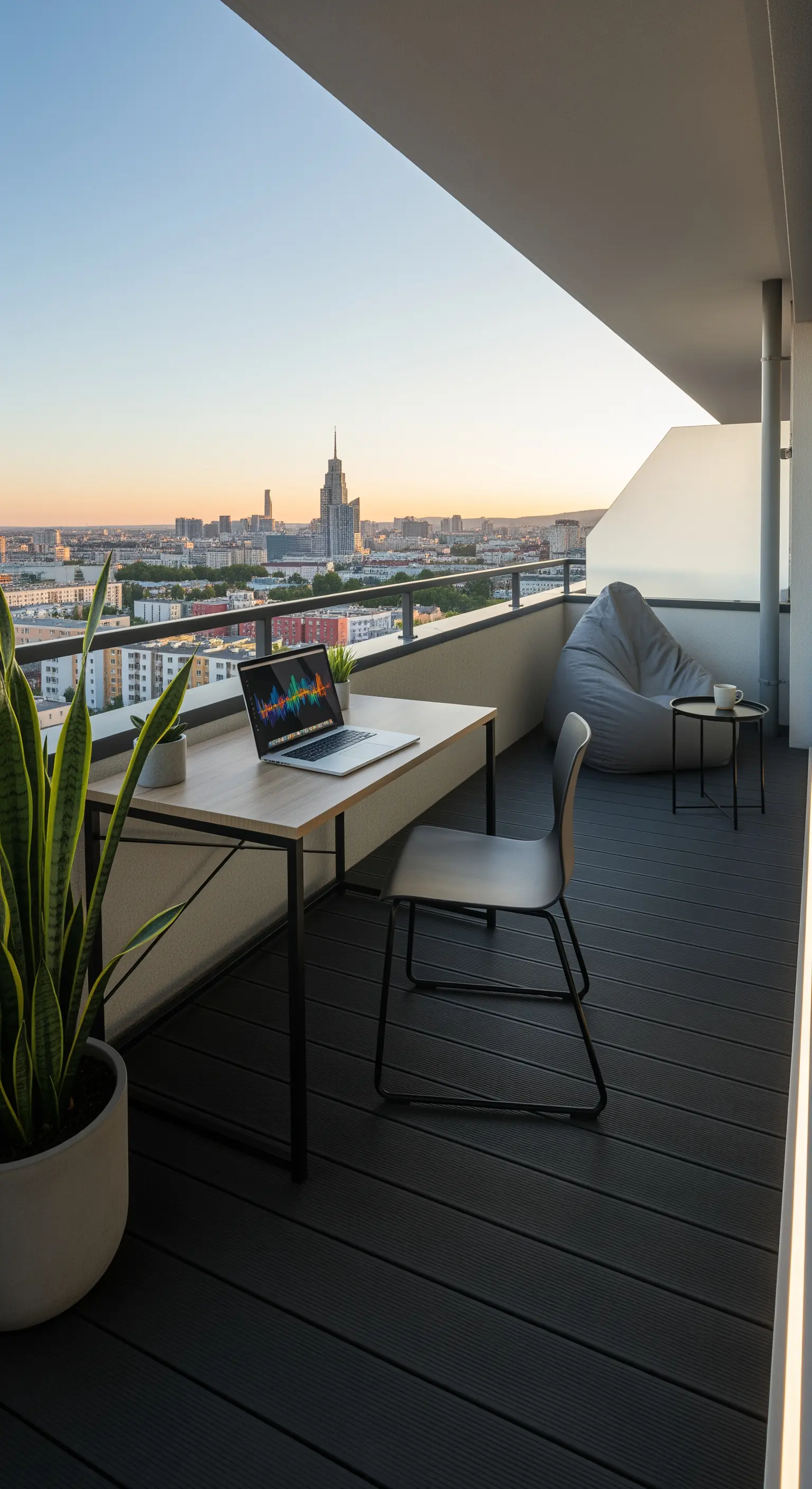 Balcone adibito a ufficio con scrivania, laptop e illuminazione lineare a parete