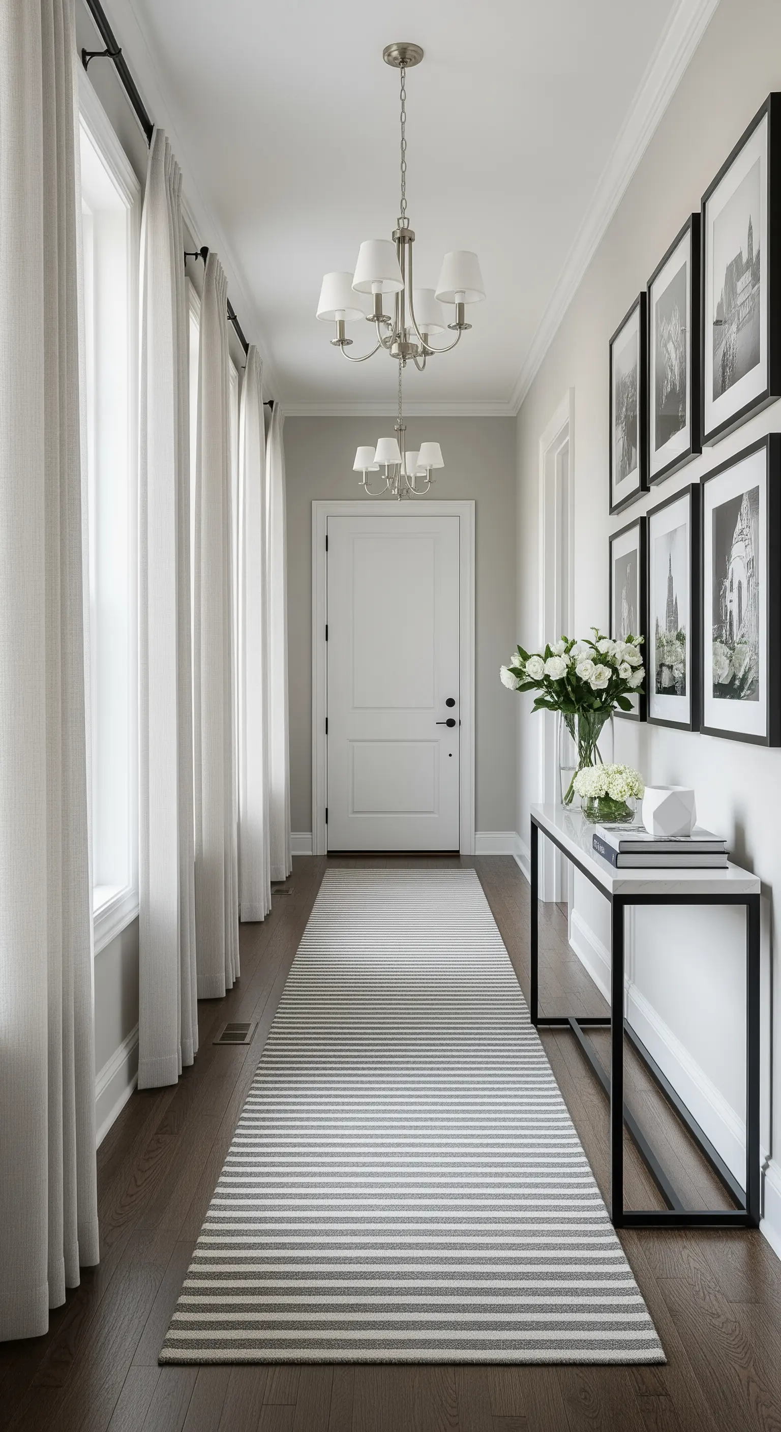 Lungo corridoio d'ingresso con tende bianche, un runner a righe e una galleria di quadri in bianco e nero.