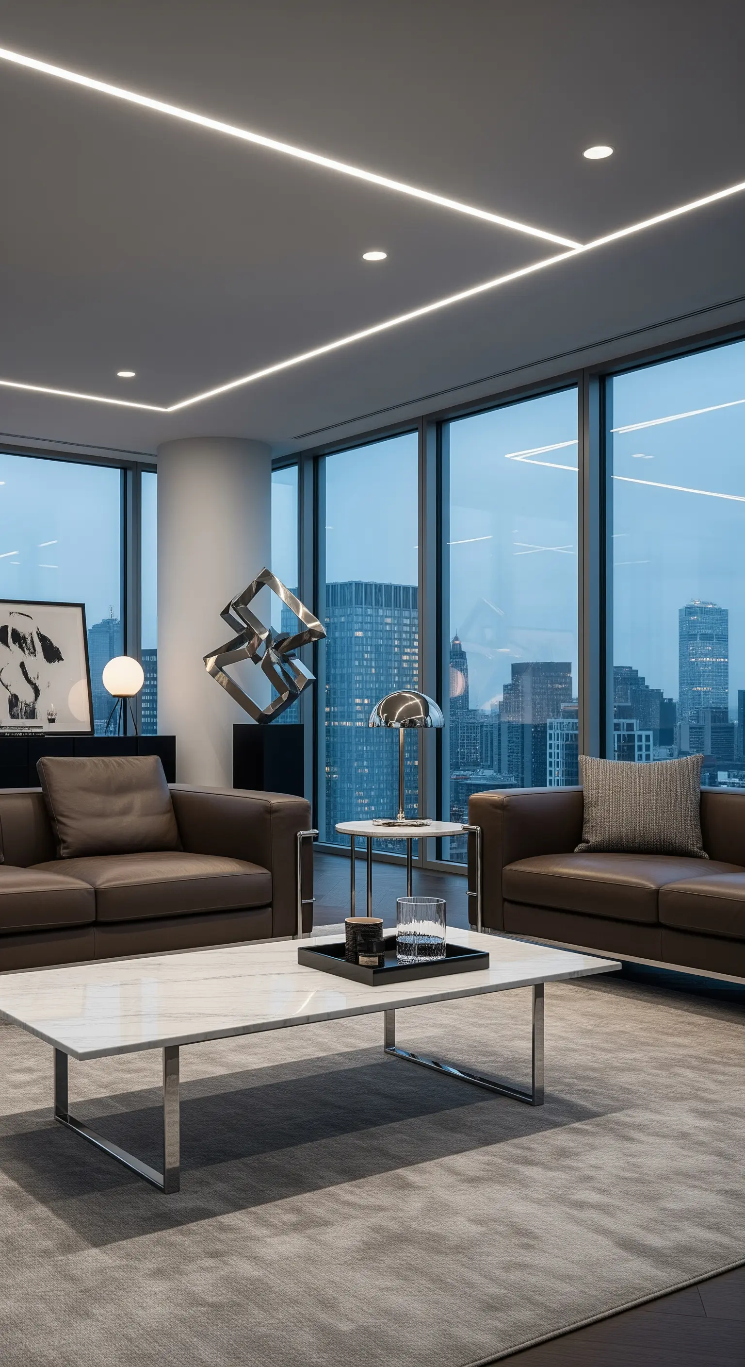 Moderno ufficio o salotto con divani in pelle scura e vista sulla skyline della città.