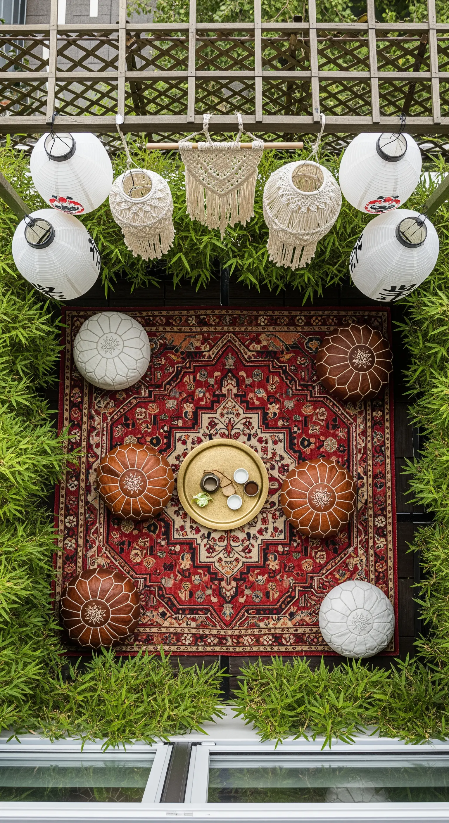 Vista dall'alto di un'area relax con kilim rosso, pouf in pelle e lanterne in macramè.