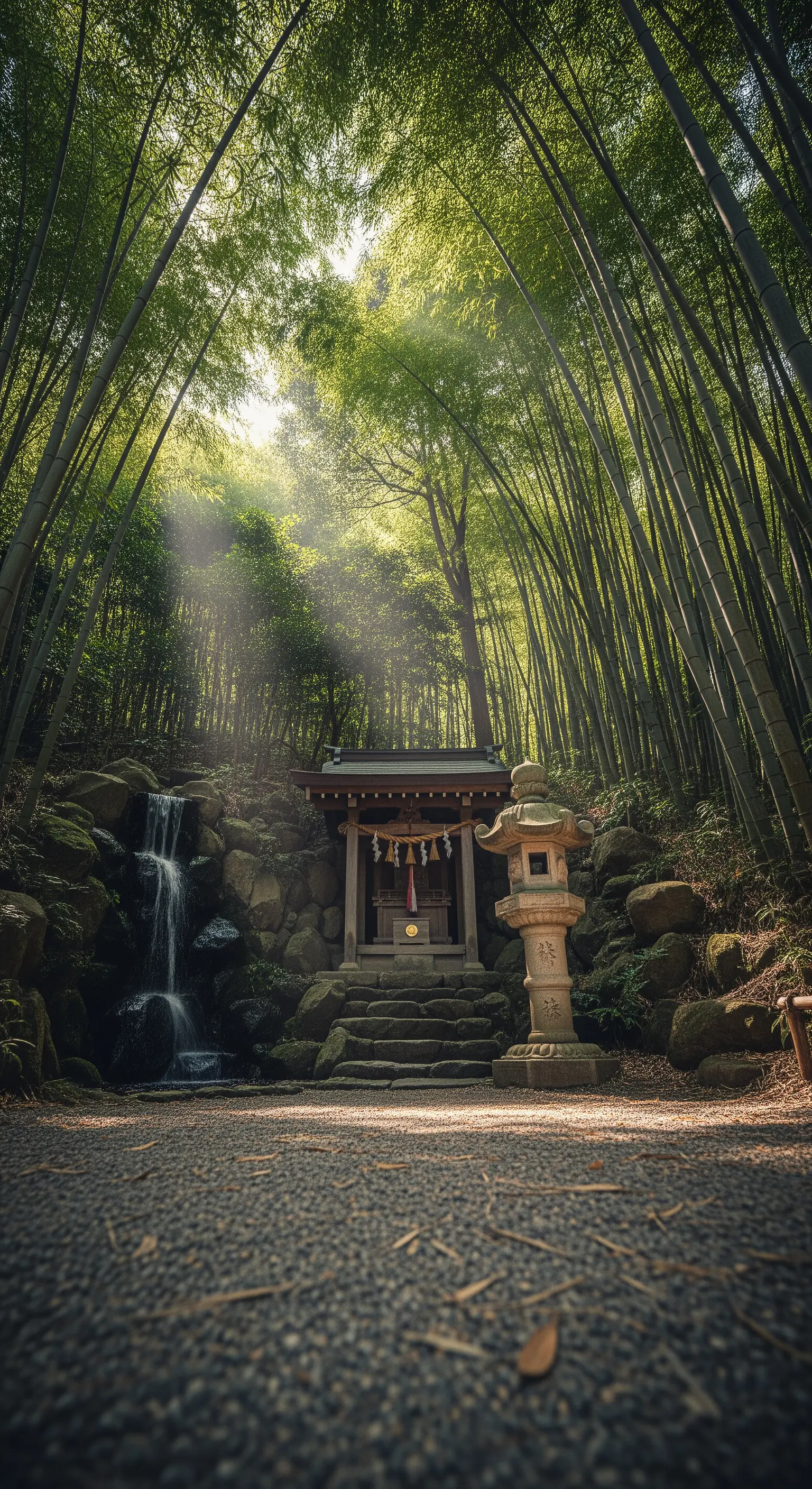 Piccolo santuario in legno alla base di una cascata in una foresta di bambù.