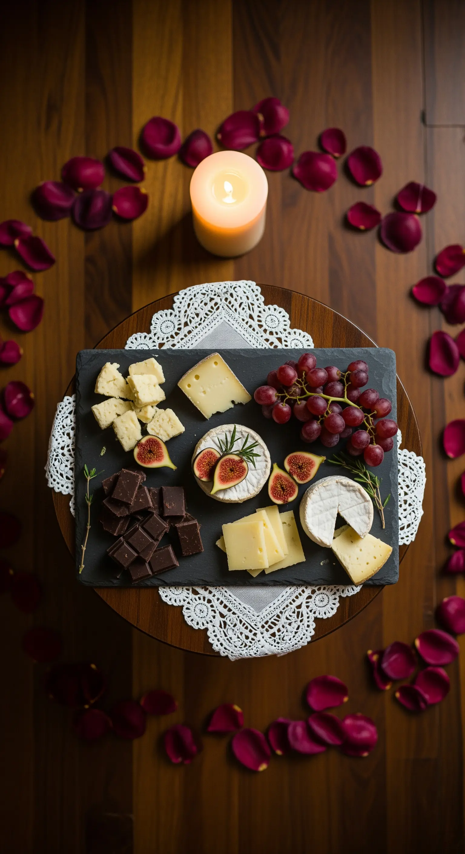 Tagliere di formaggi e frutta su un tavolo di legno, visto dall'alto, con una candela e petali.