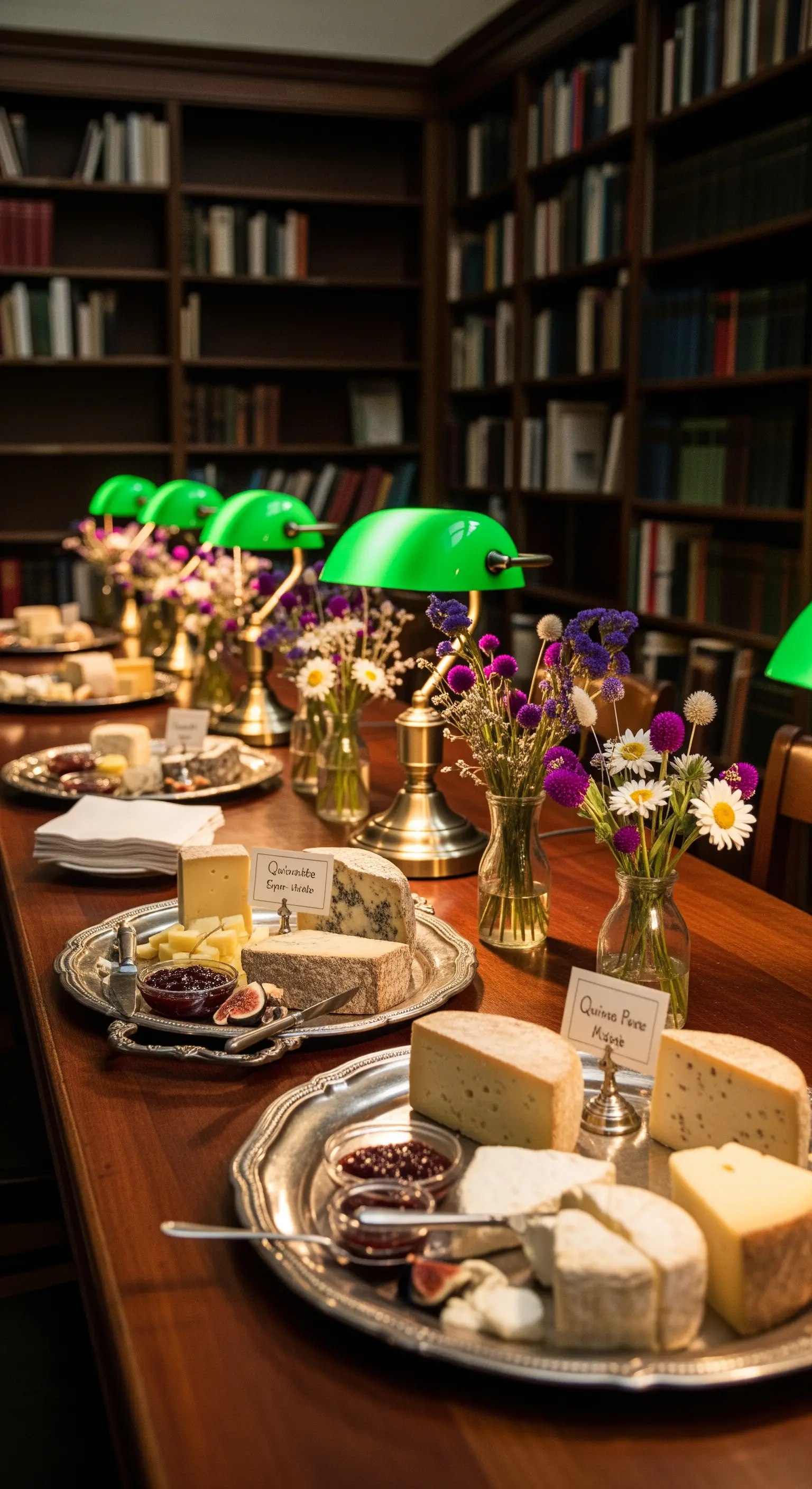 Buffet di formaggi su un tavolo in una biblioteca, illuminato da lampade verdi da lettura.
