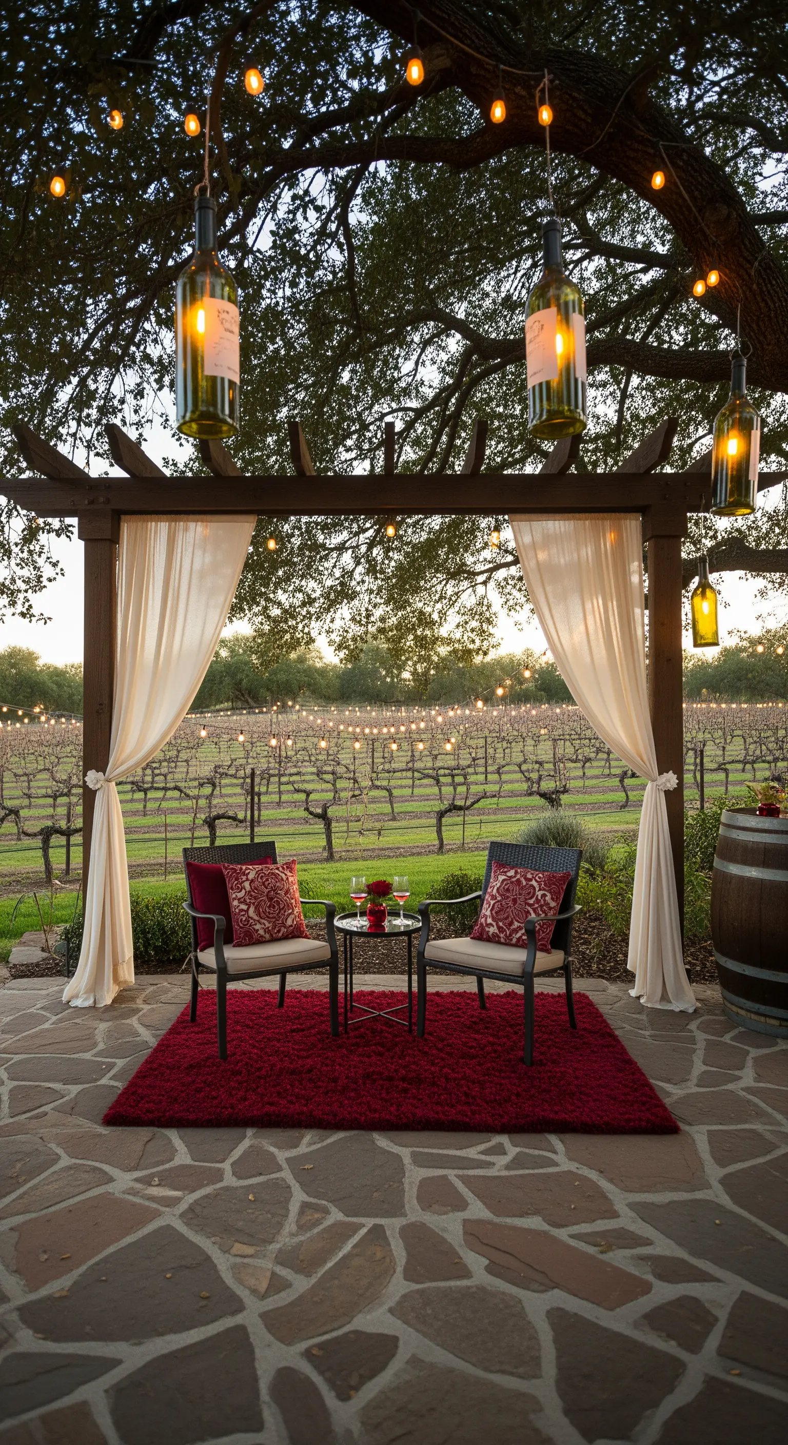 Angolo romantico in una vigna con pergola, tende, sedie e lanterne fatte con bottiglie di vino