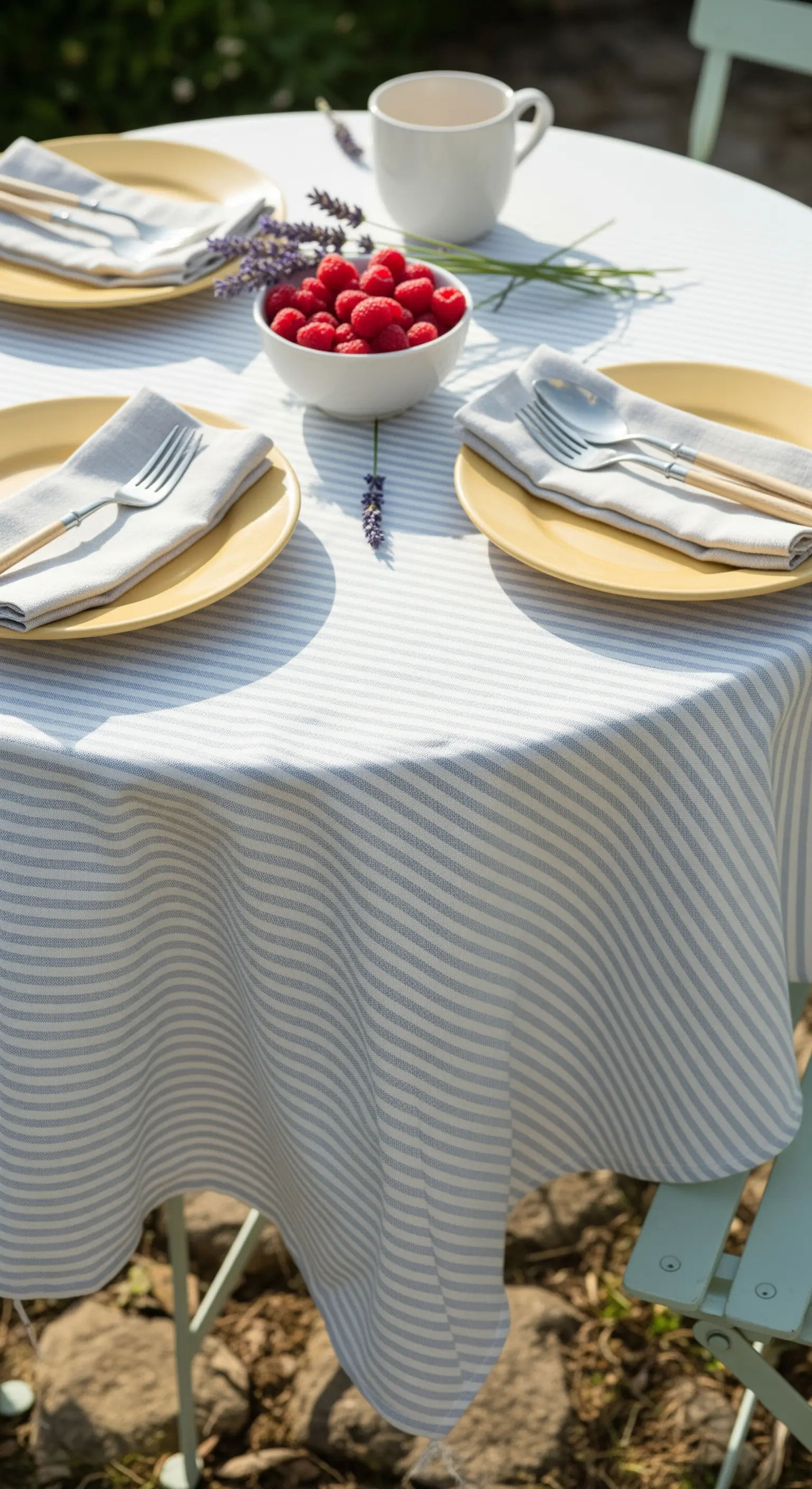 Tavolino da caffè con tovaglia a righe azzurre, piatti gialli e rametti di lavanda.