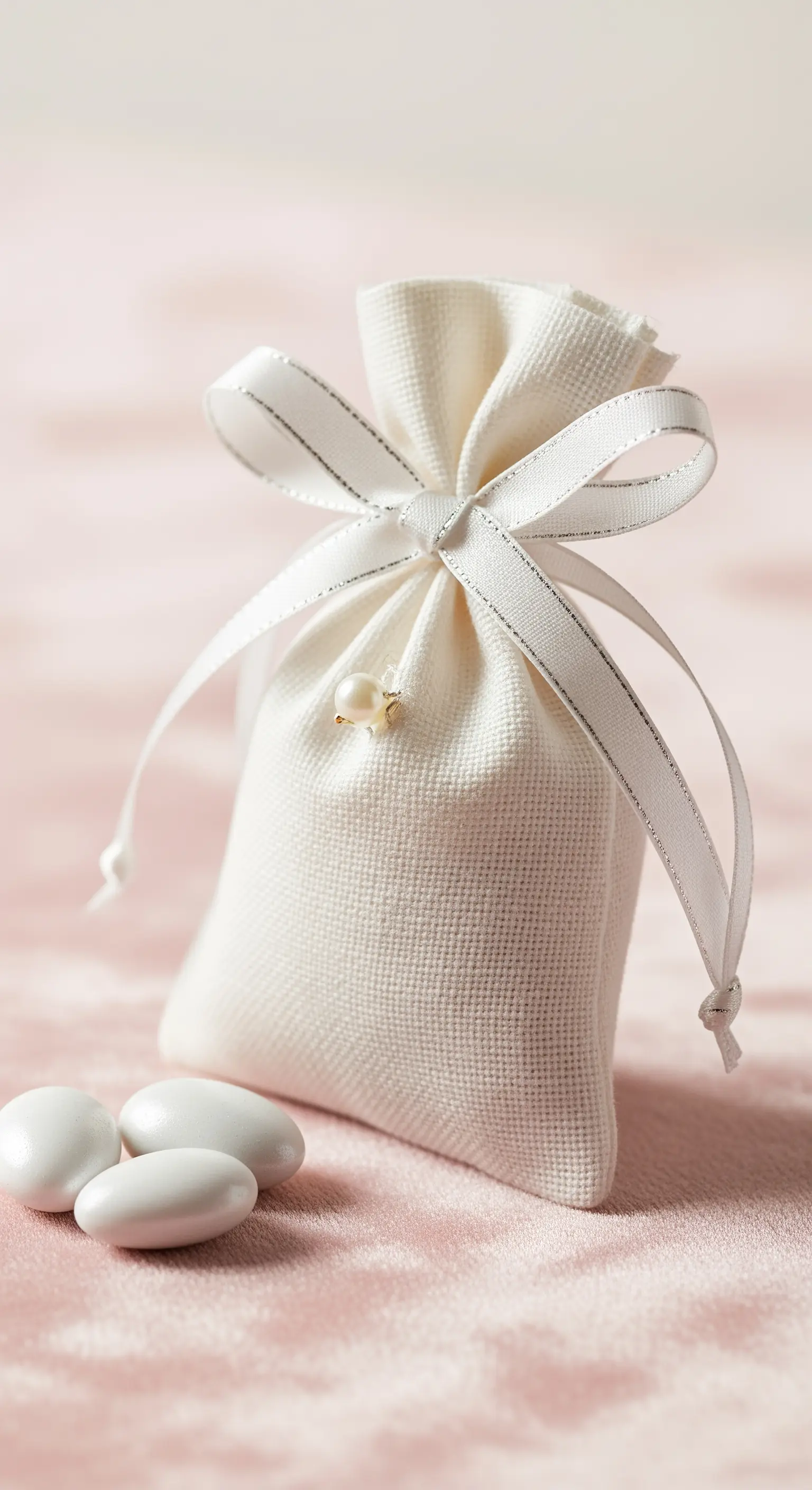 Sacchetto bomboniera in lino bianco chiuso da un nastro sottile argentato e decorato con due perle.